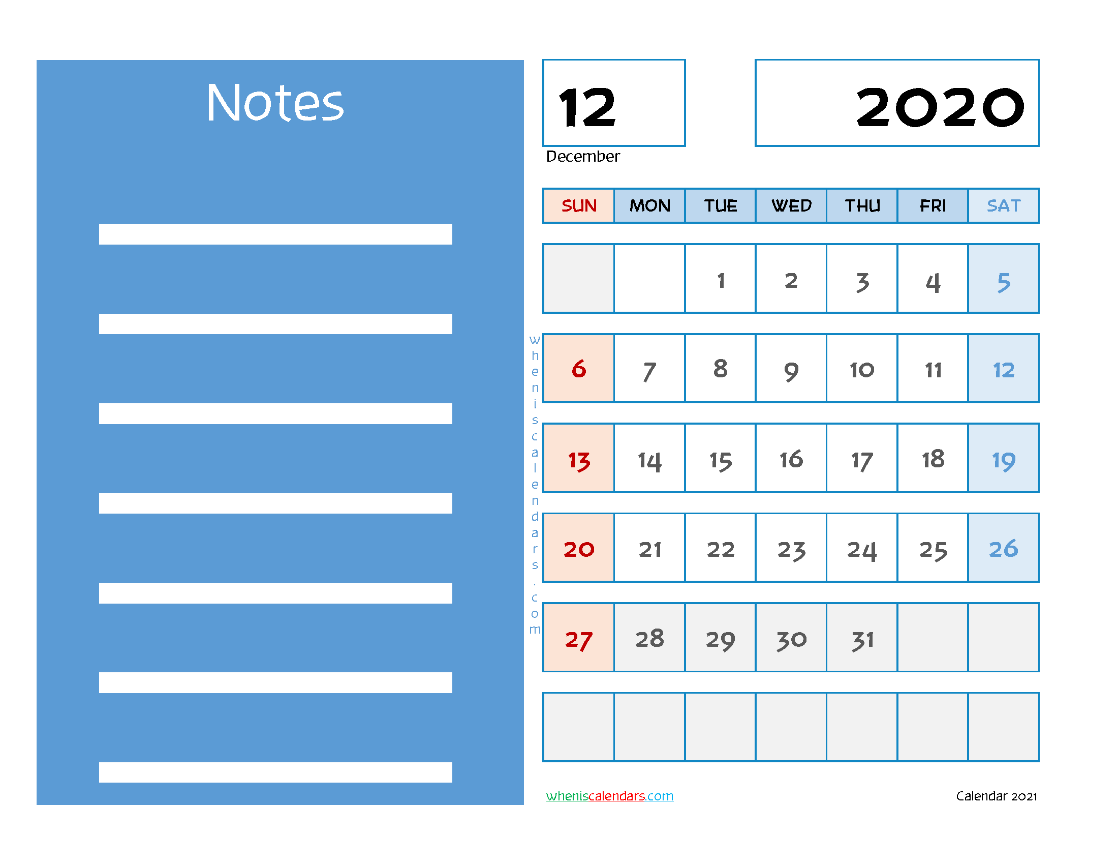 Editable Printable December 2020 Calendar