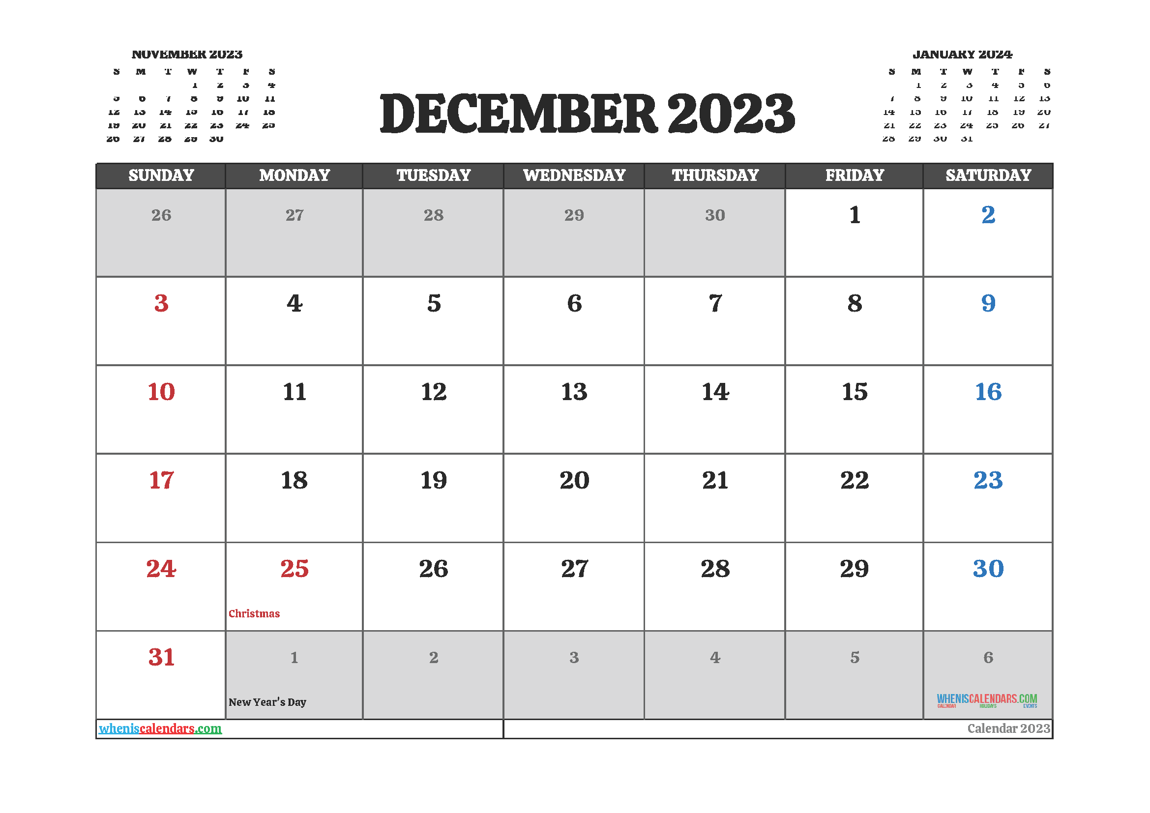 November December 2023 Calendar Printable Free
