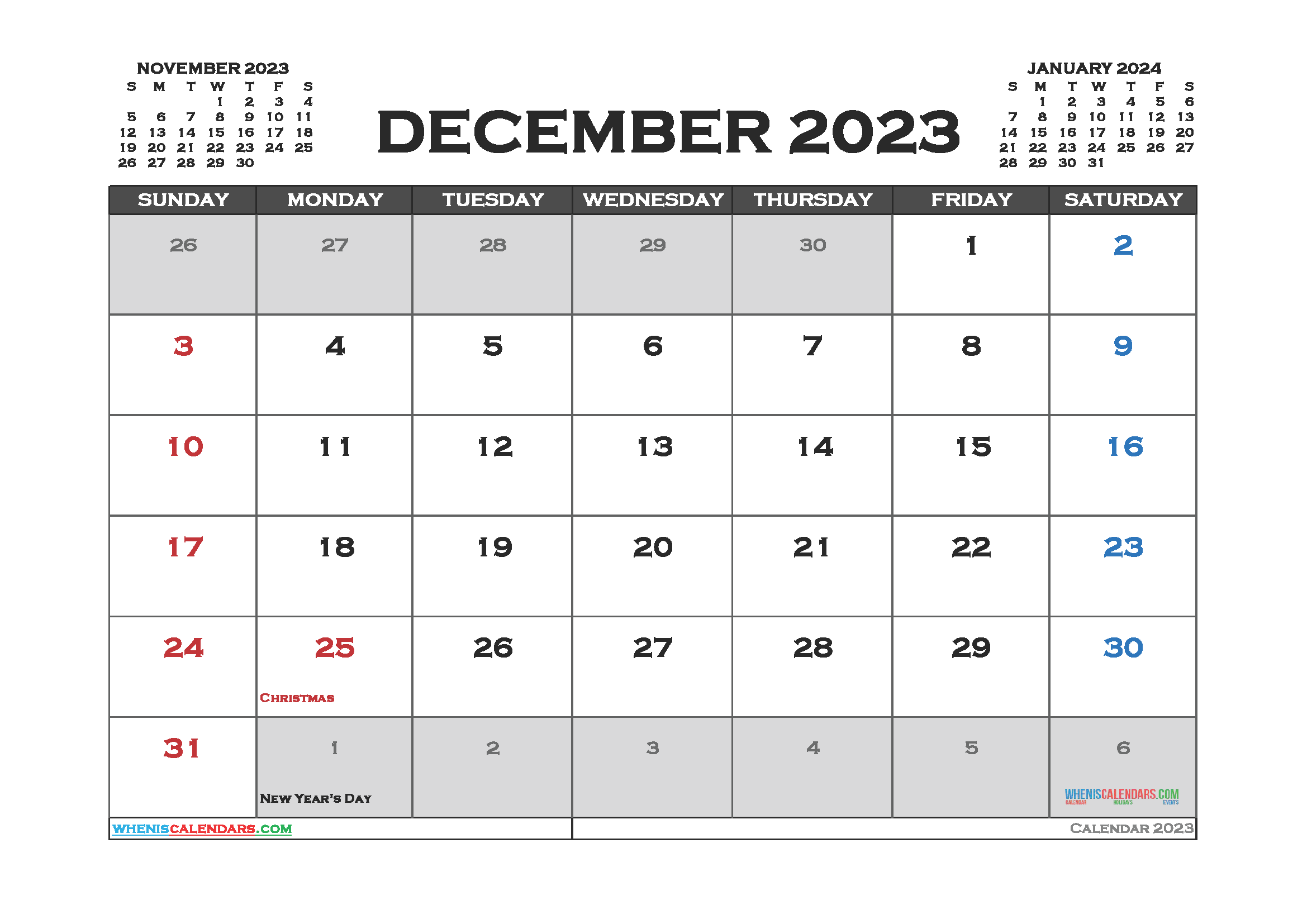 December Calendar 2023 With Holidays Printable Free