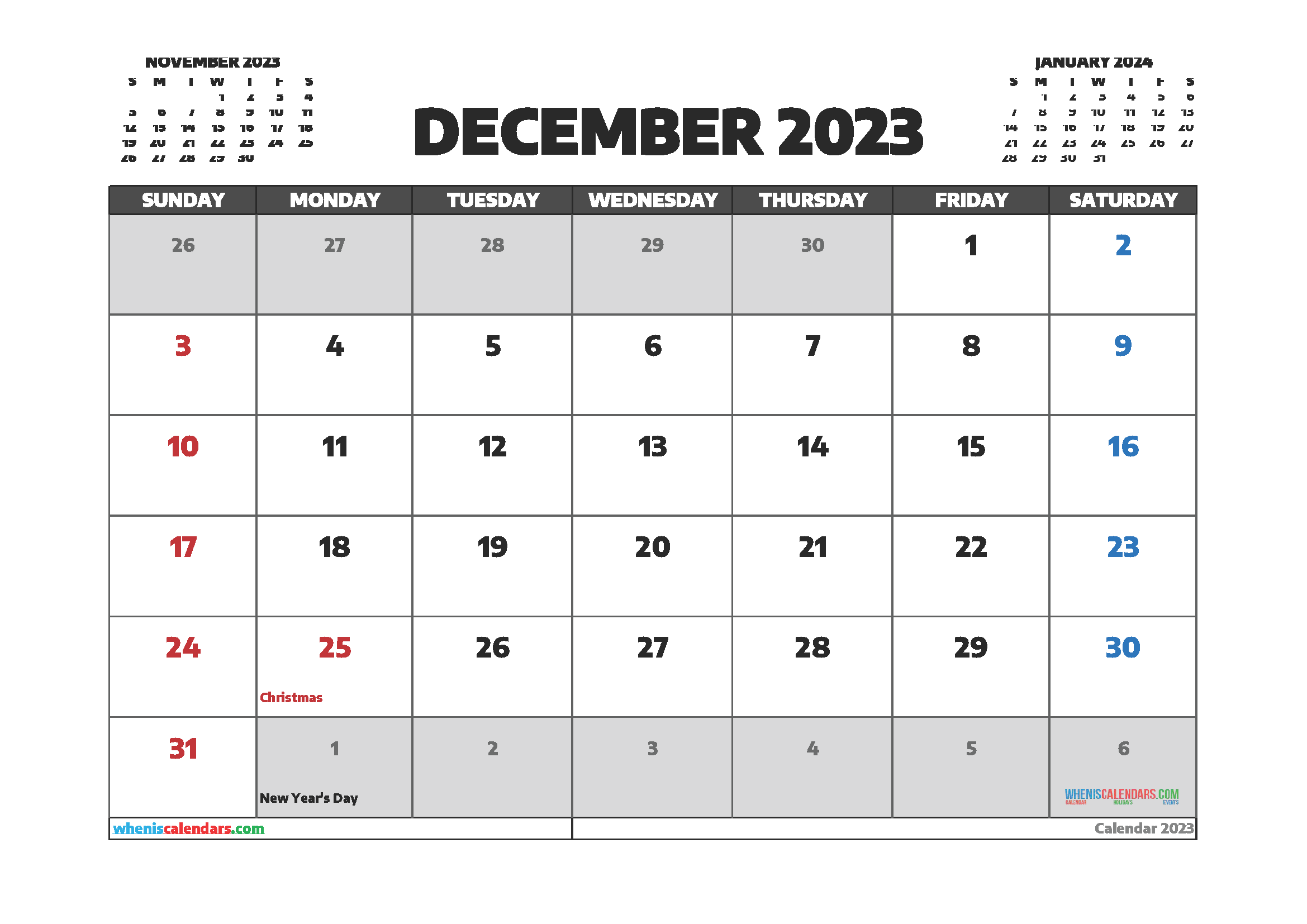 December 2023 Free Printable Calendar With Holidays