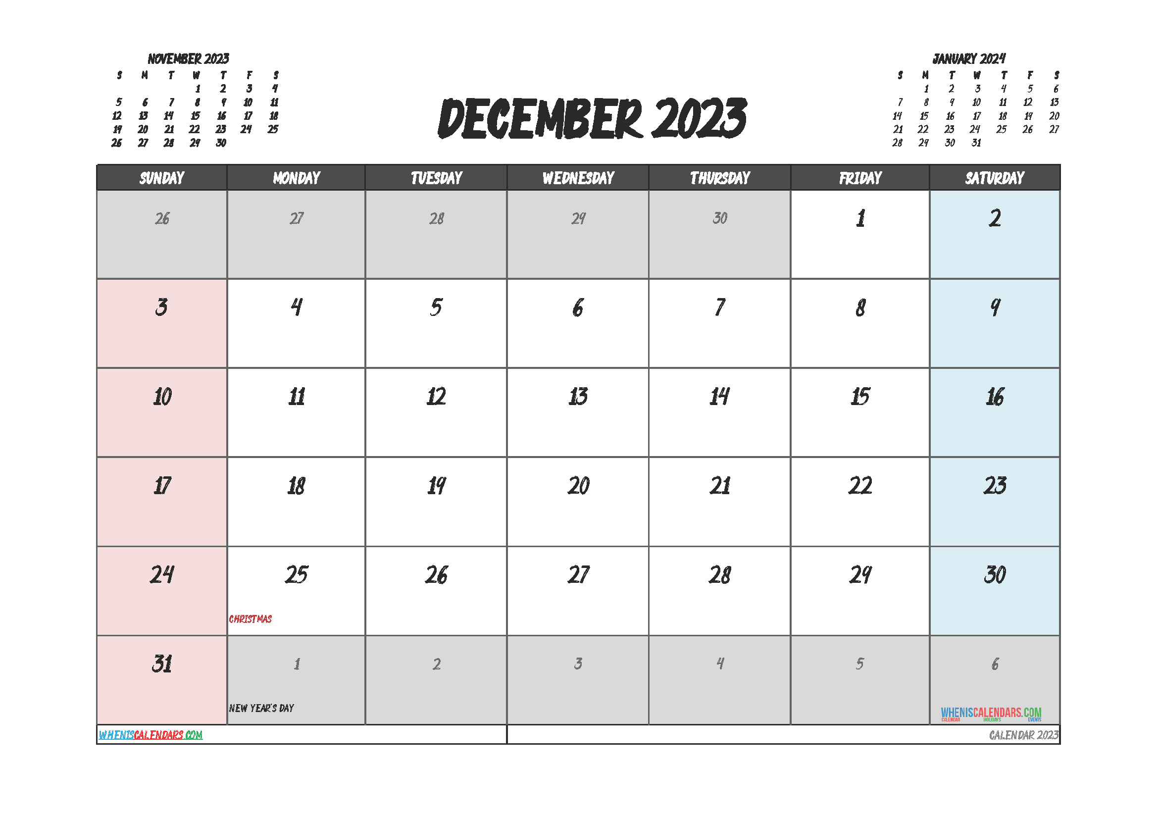 Printable Calendar December 2023 Free