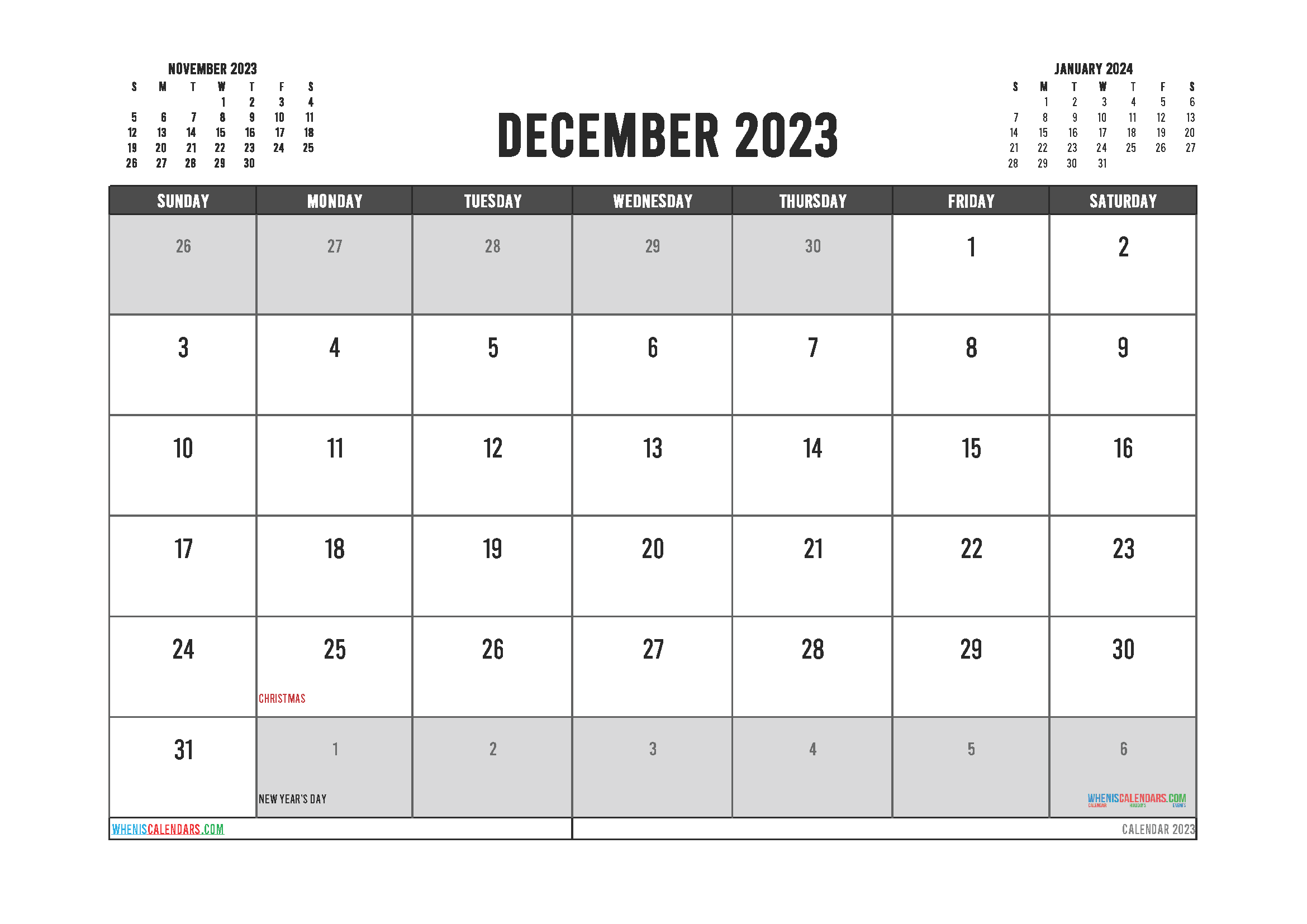 December 2023 Free Calendar Printable