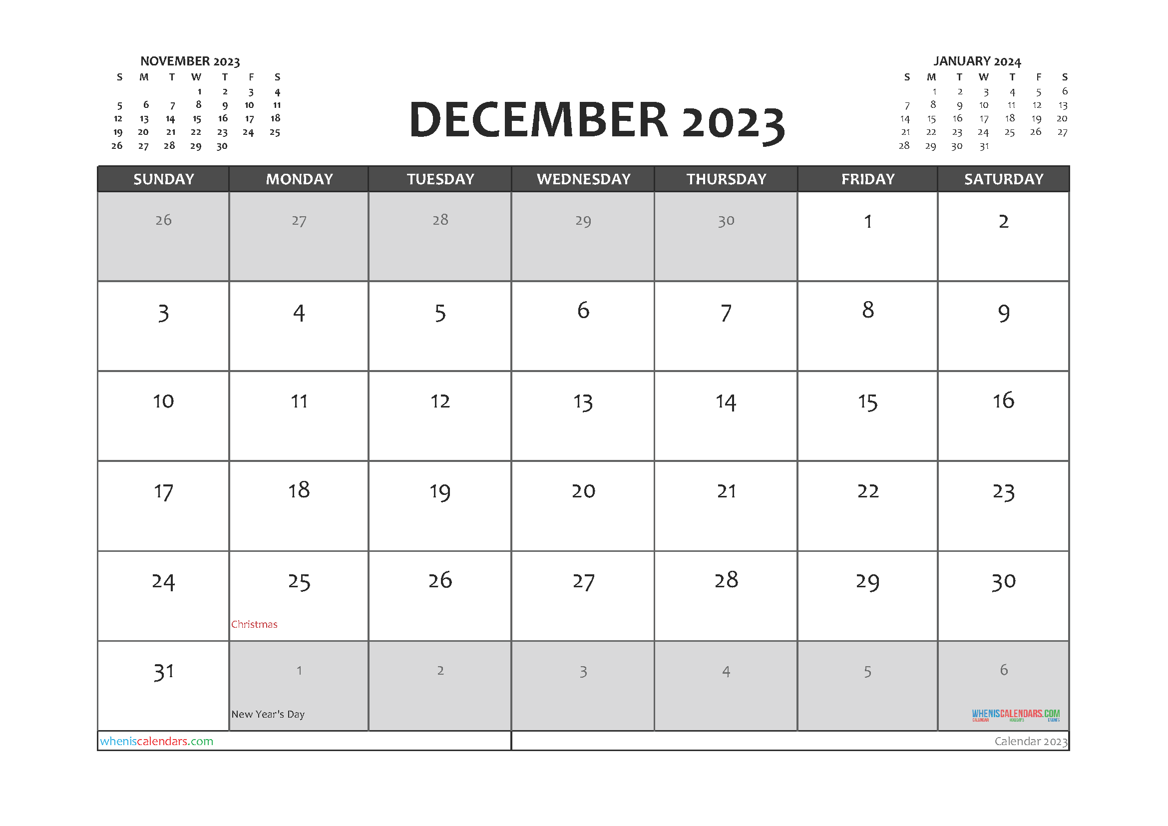 Printable December 2023 Calendar PDF