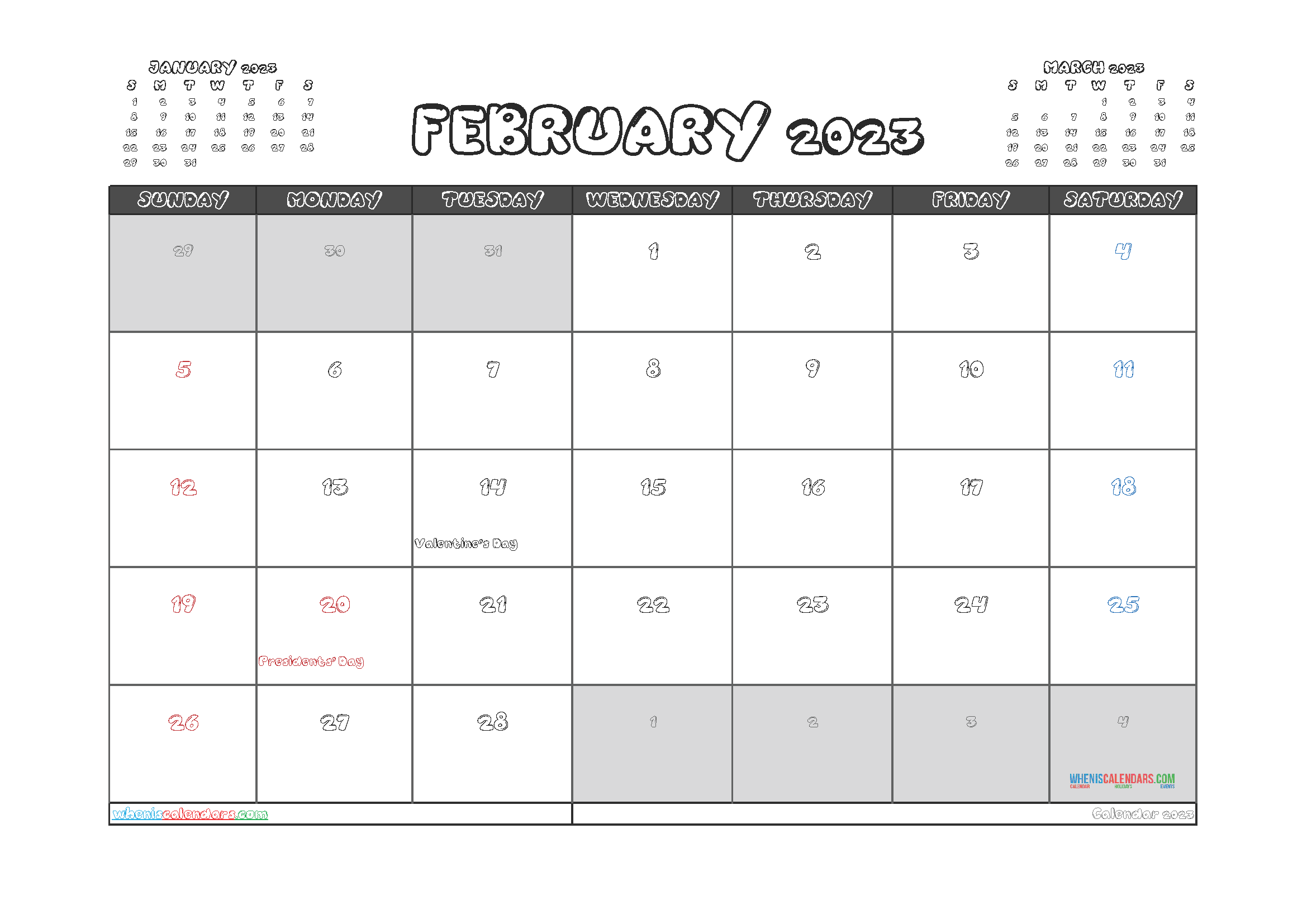 Free Printable February 2023 Calendar