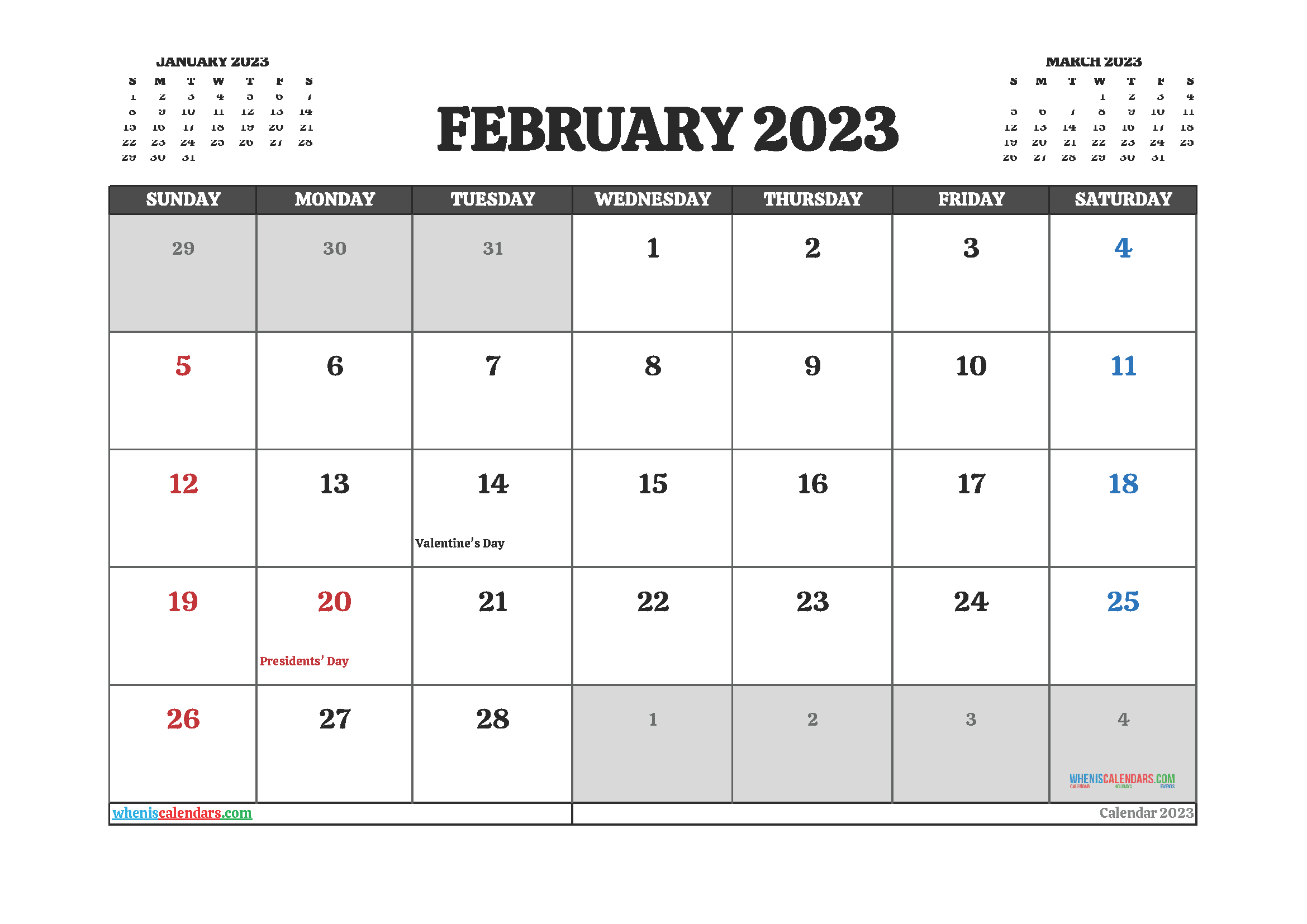 February 2023 Free Calendar Printable