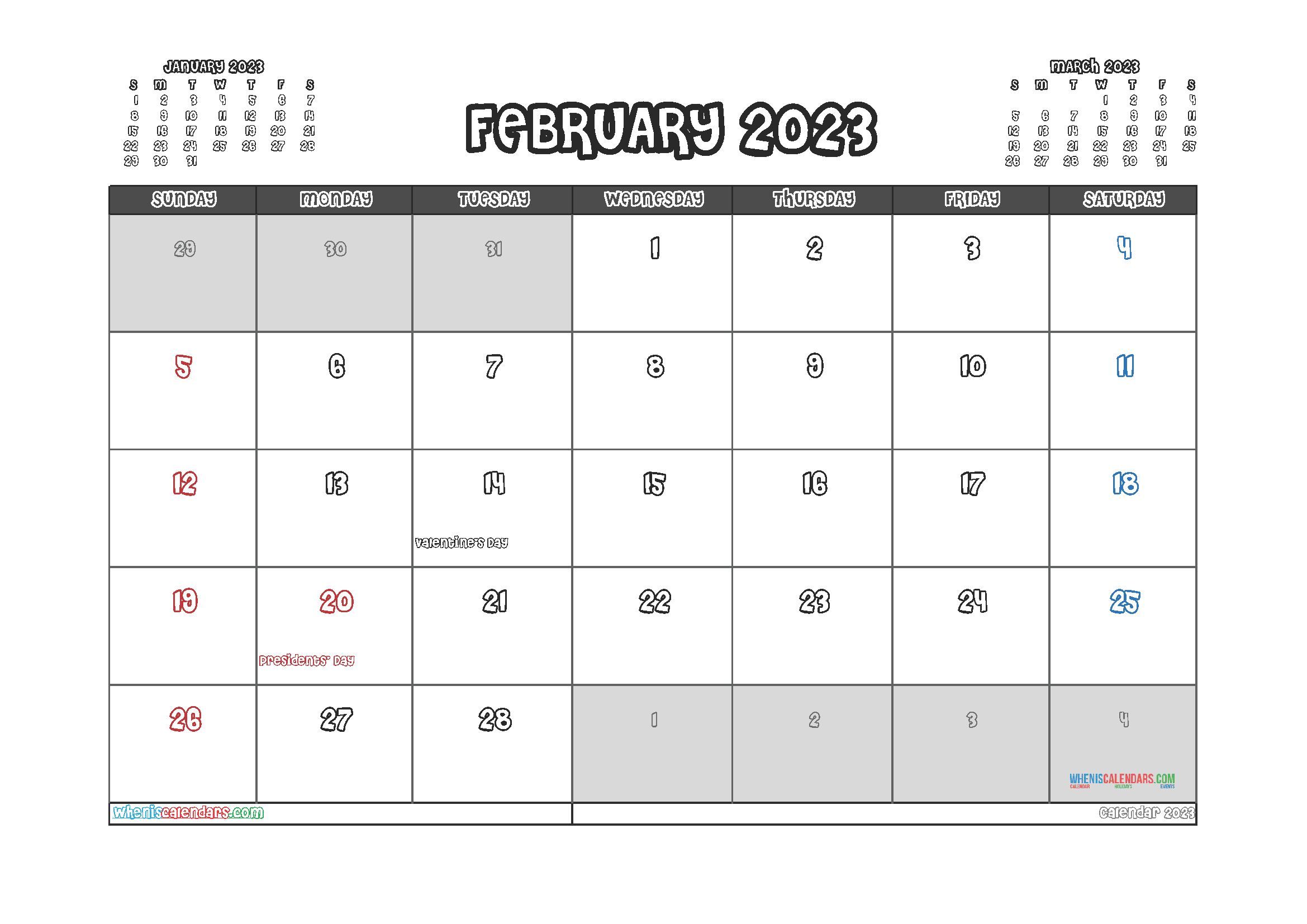 Free Printable February 2023 Calendar