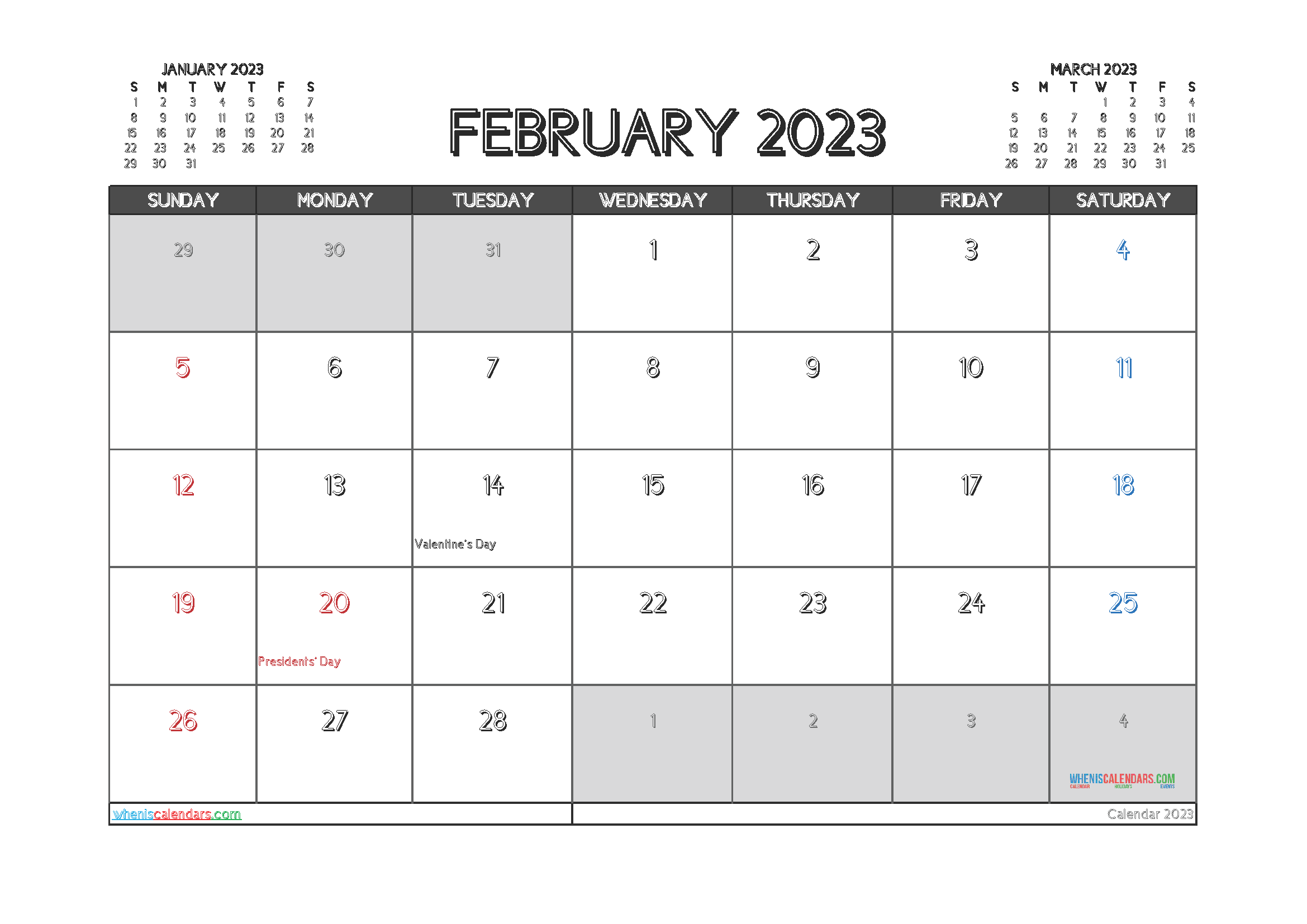 Free February Calendar 2023 with Holidays