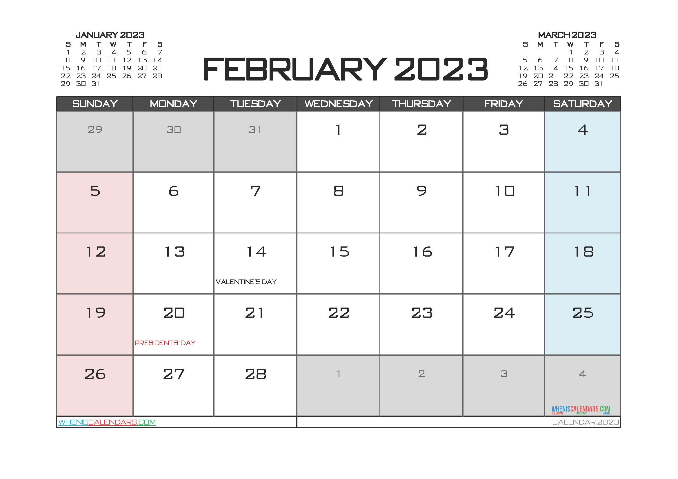 Calendar February 2023 with Holidays