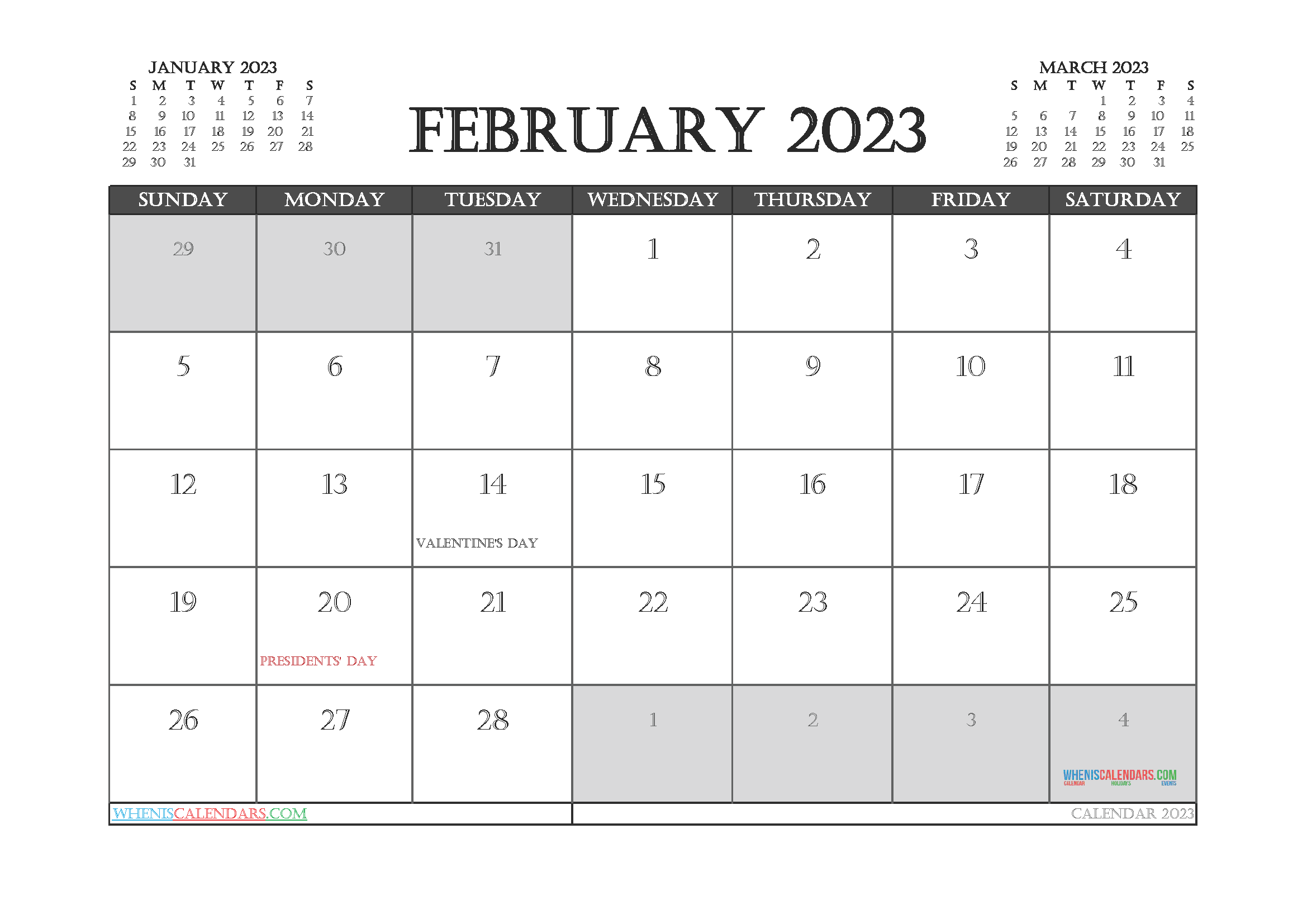 Free February Calendar 2023 with Holidays