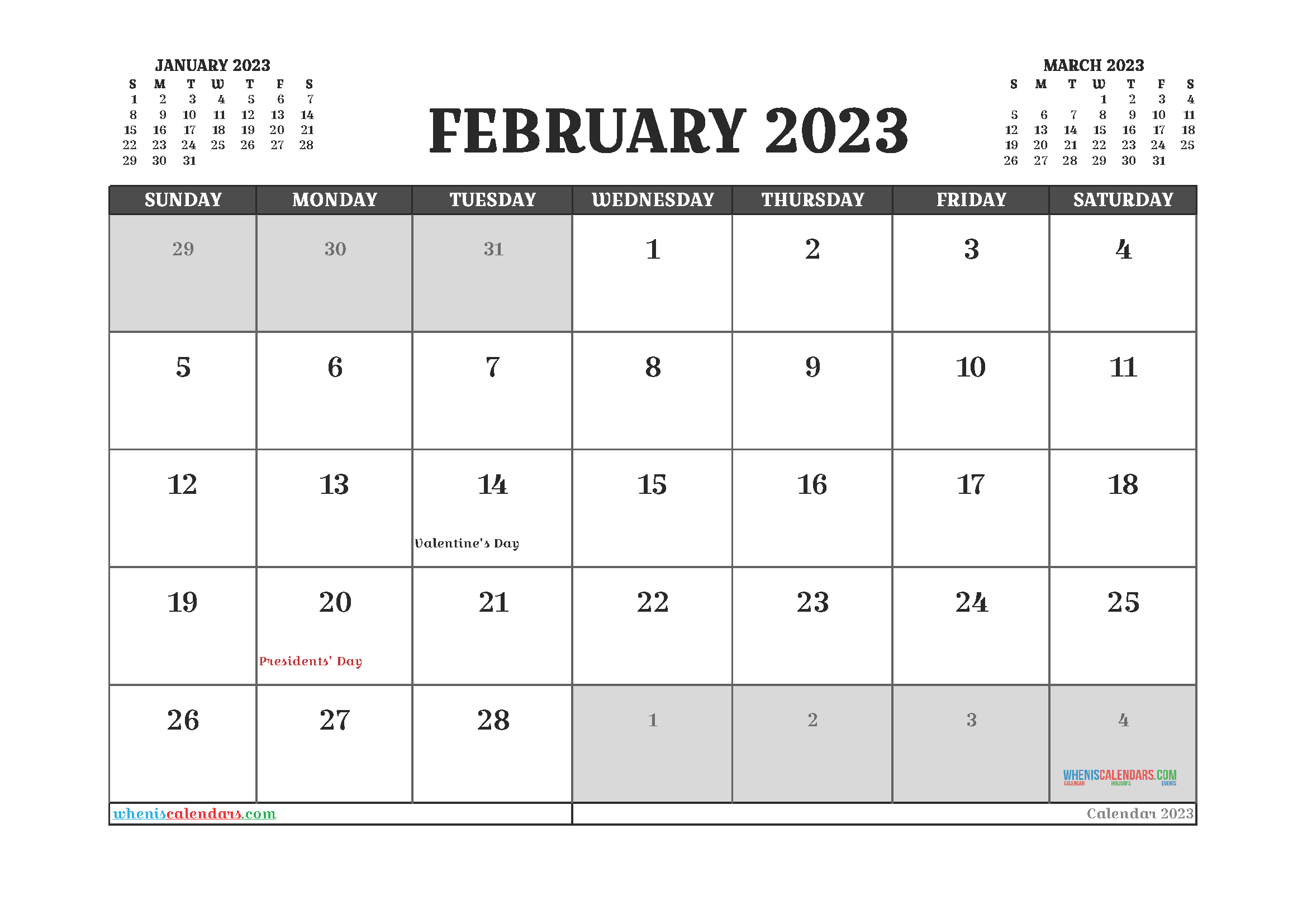 Free February 2023 Printable Calendar