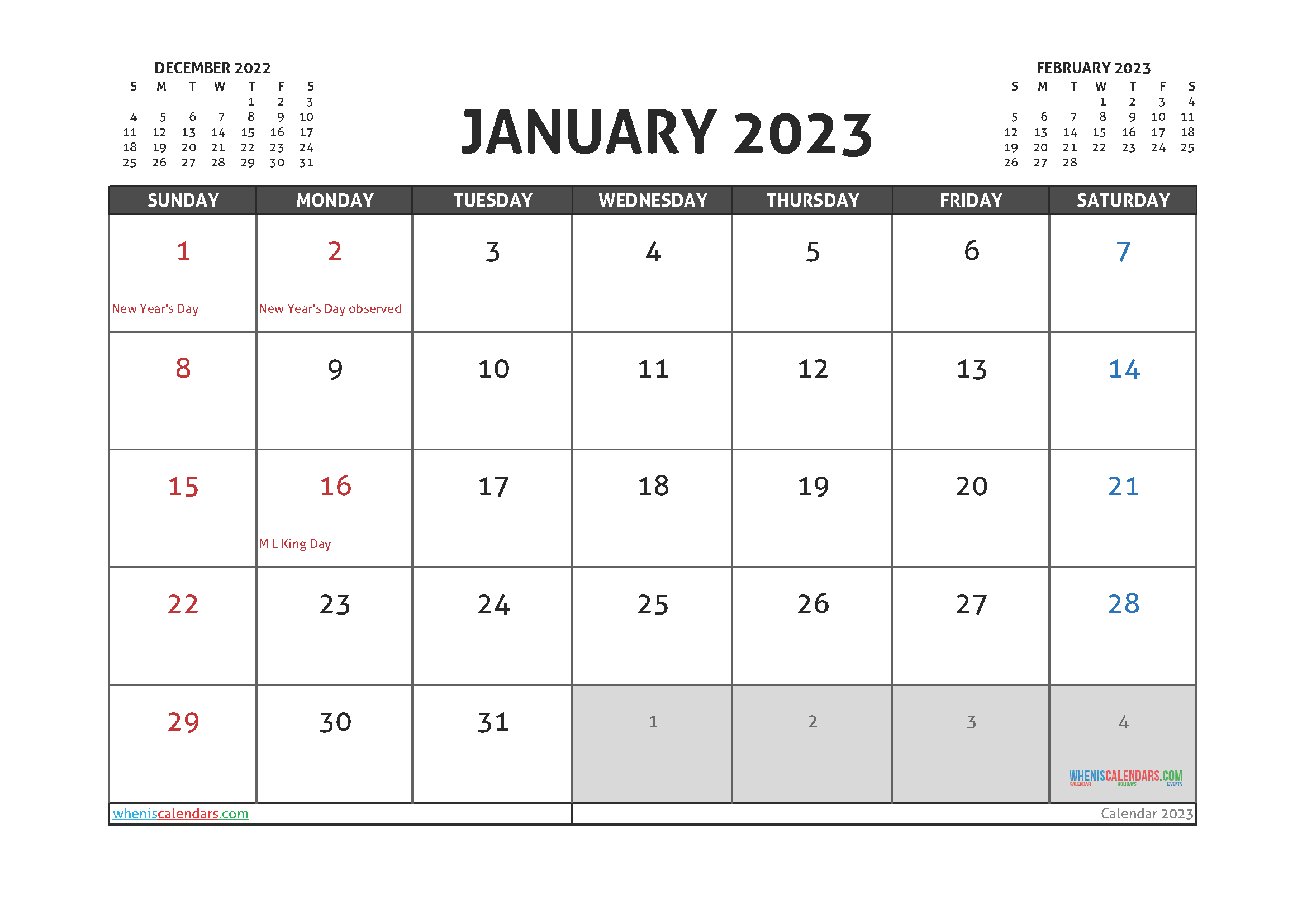 Editable January 2023 Calendar Printable