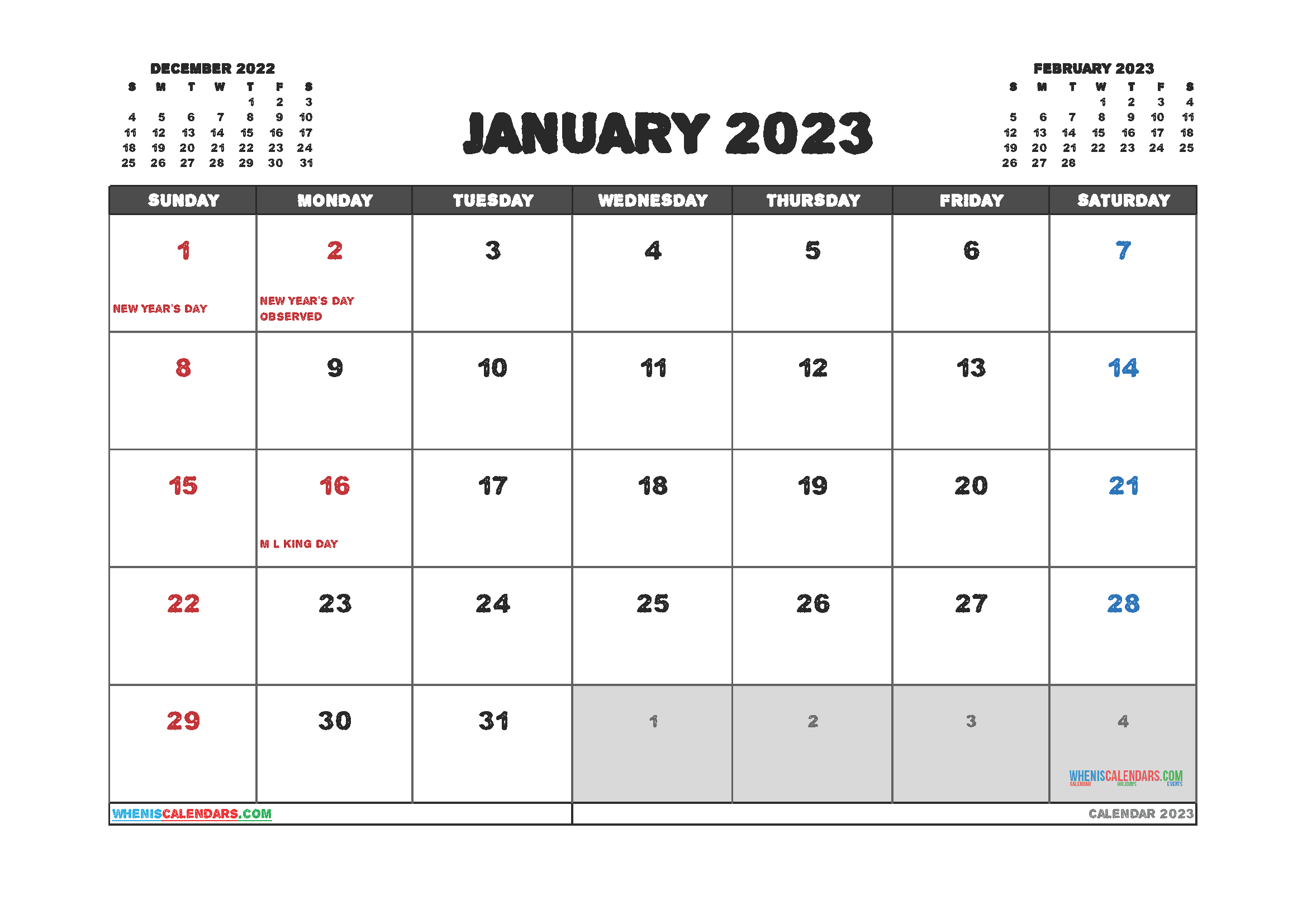 Printable January 2023 Calendar Free