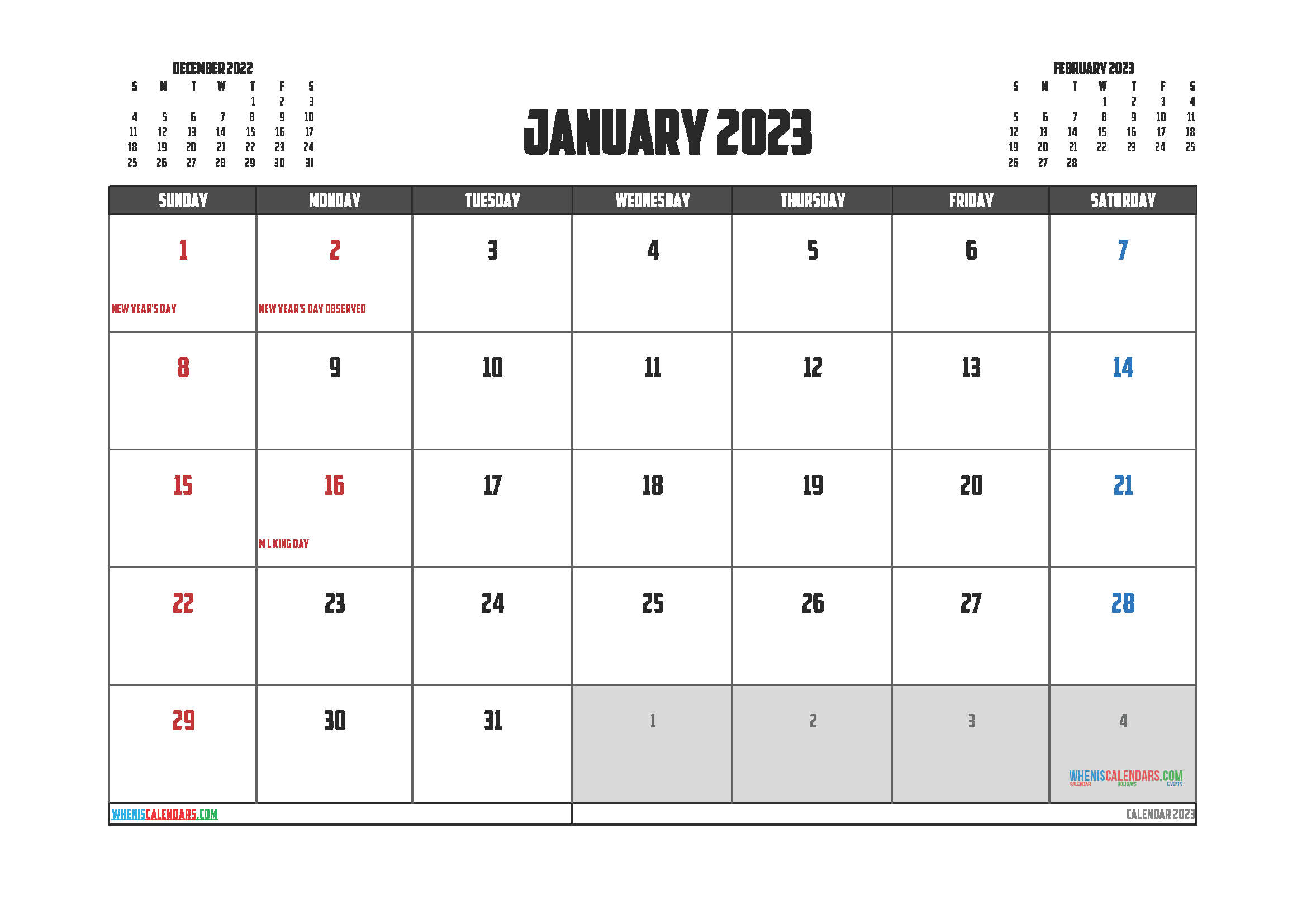 January 2023 Free Calendar Printable