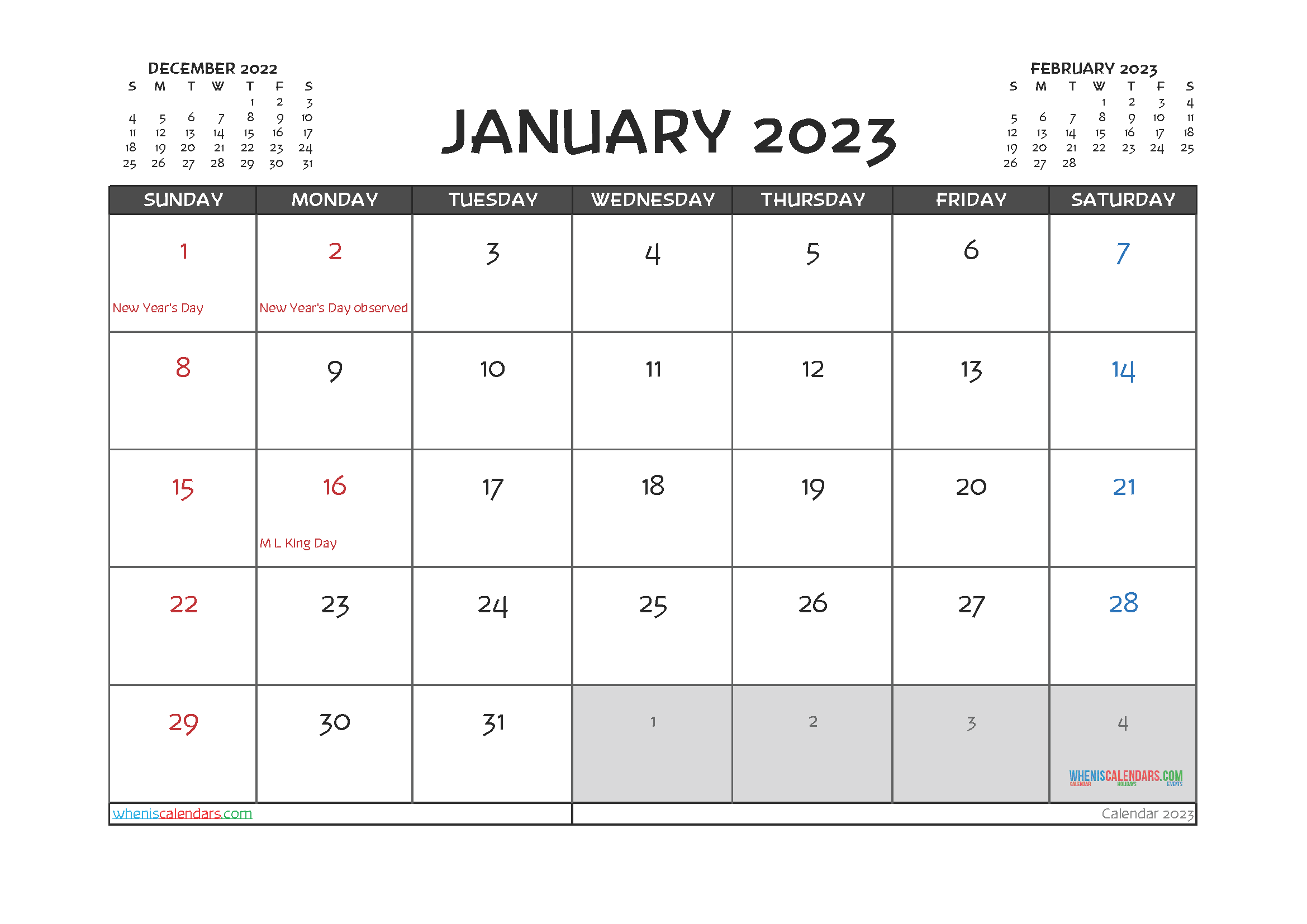 January 2023 Calendar Printable For Free