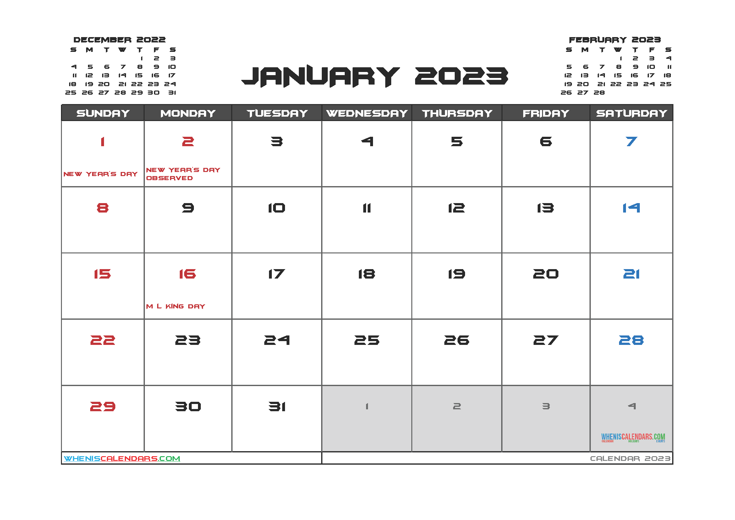 Printable January 2023 Calendar PDF