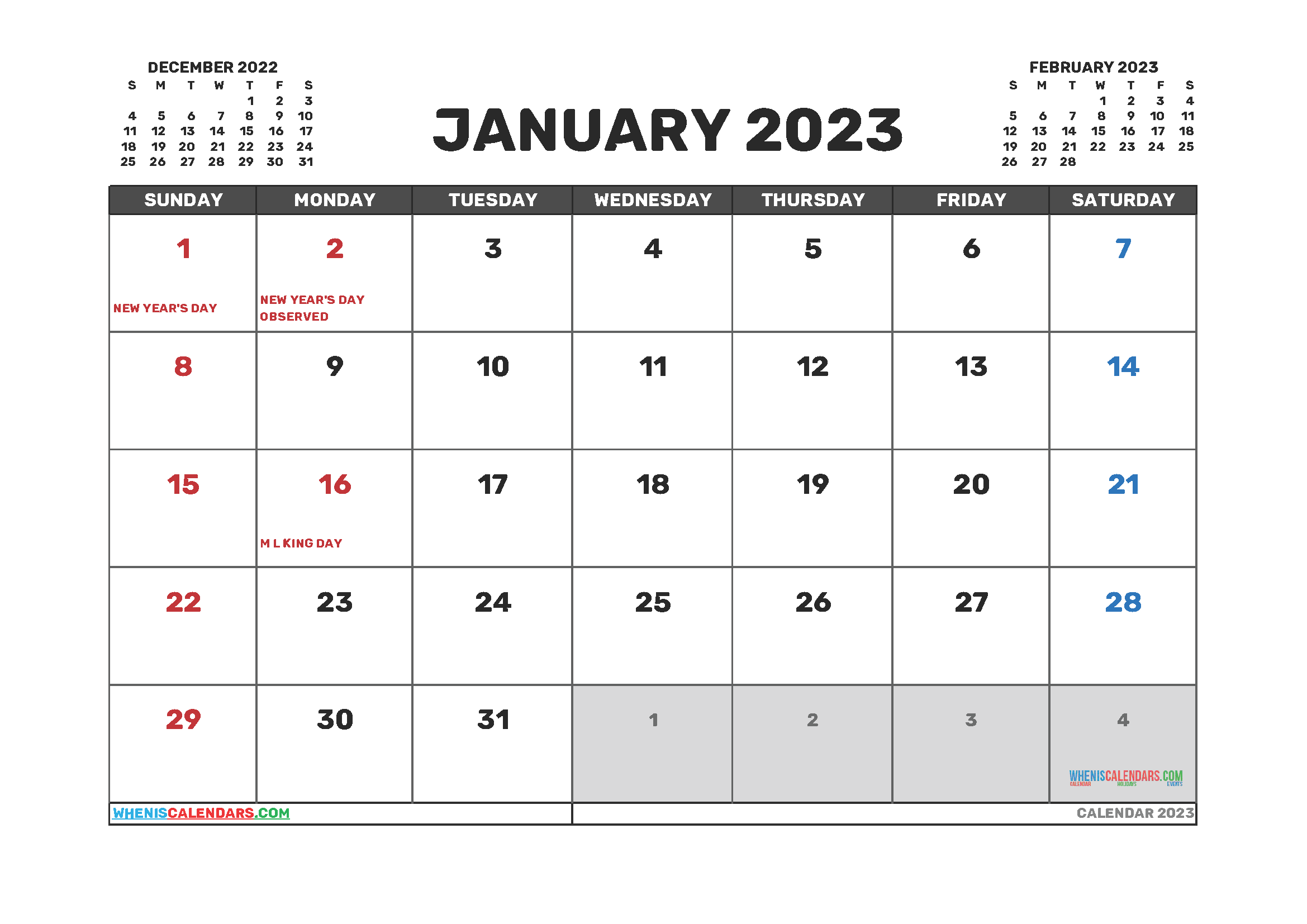 Free Editable Calendar January 2023 PDF