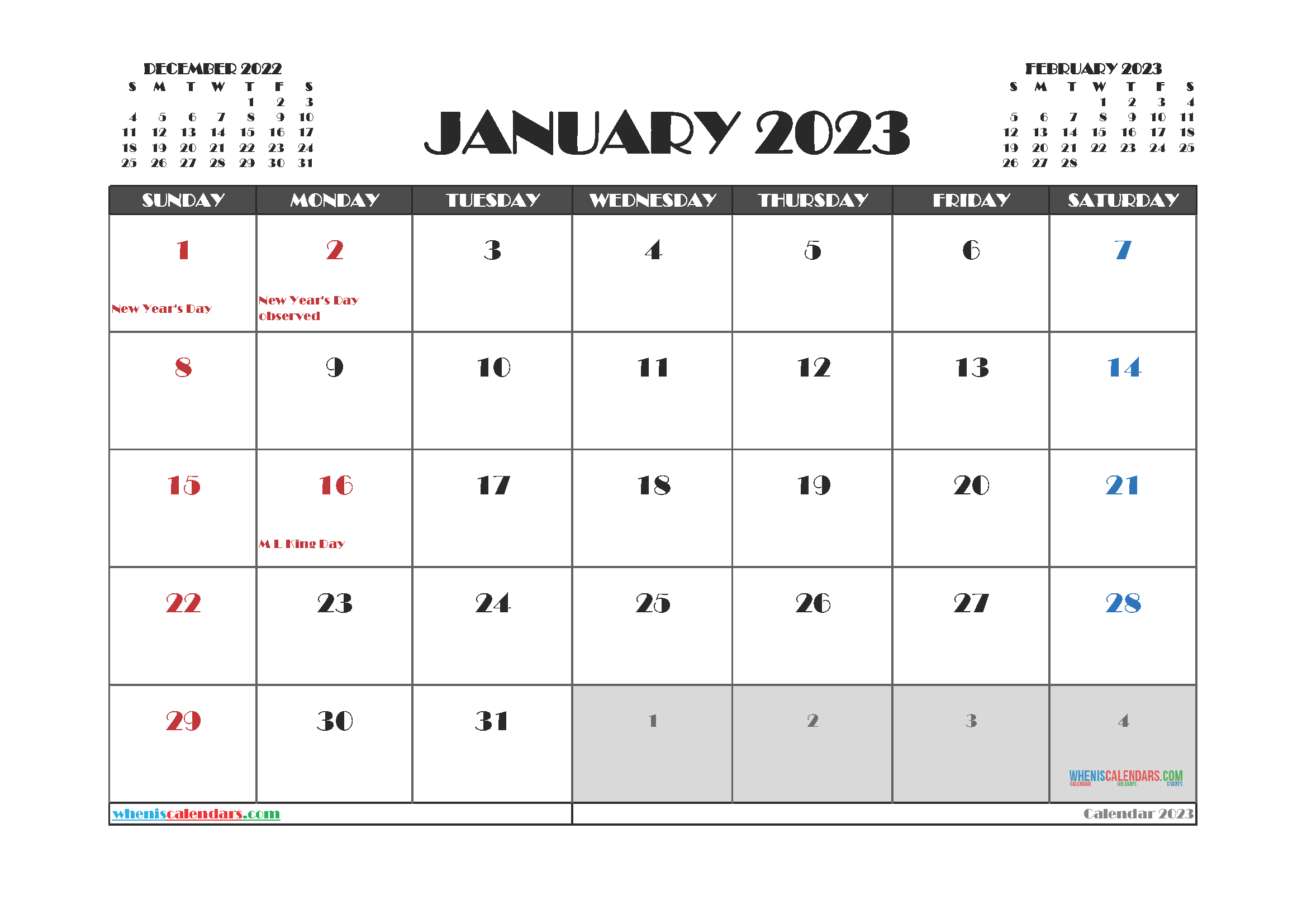 Free Editable January 2023 Printable Calendar