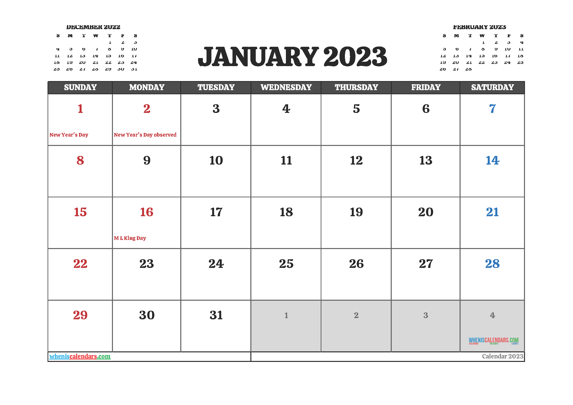 Free Blank Calendar January 2023