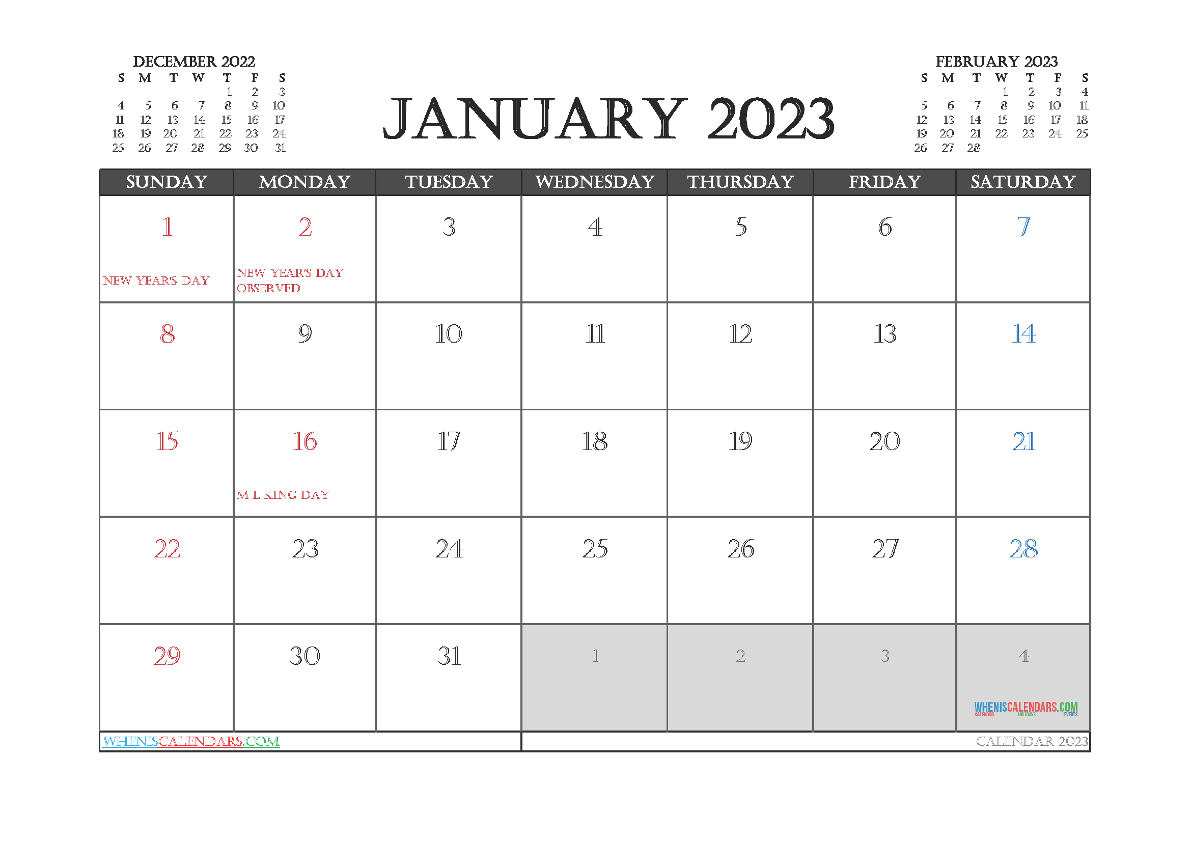 Free January 2023 Calendar Printable Cute