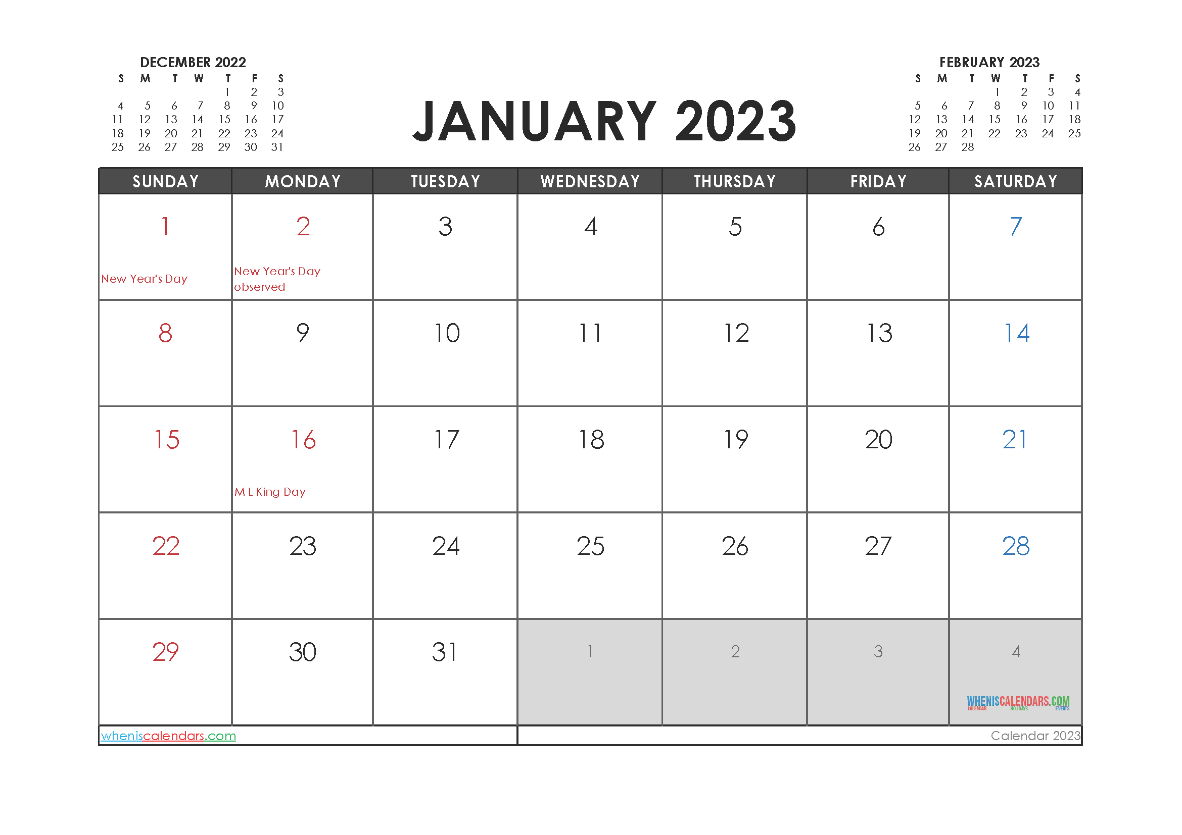 Free Cute January 2023 Calendar