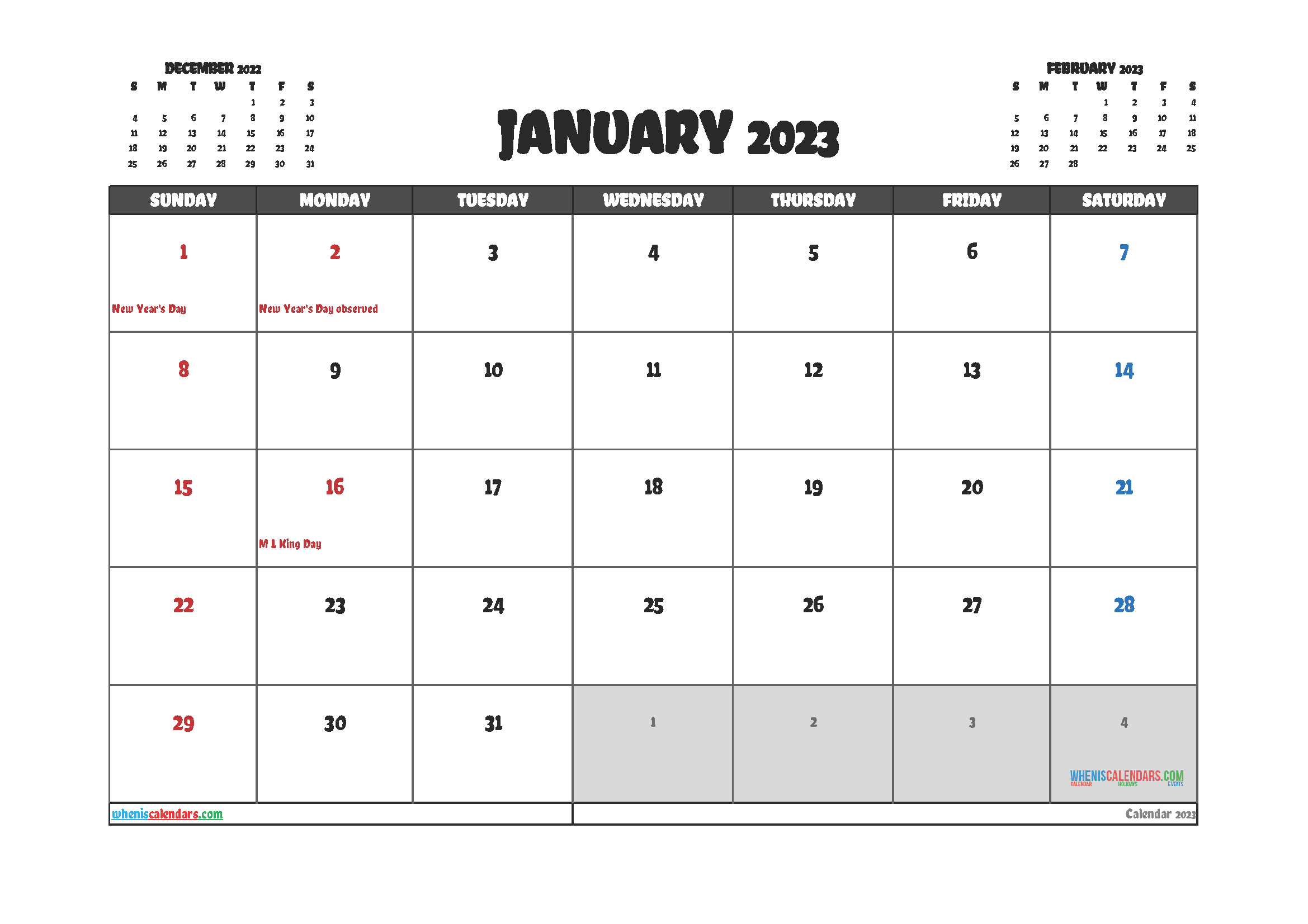 January 2023 Calendar Printable Free