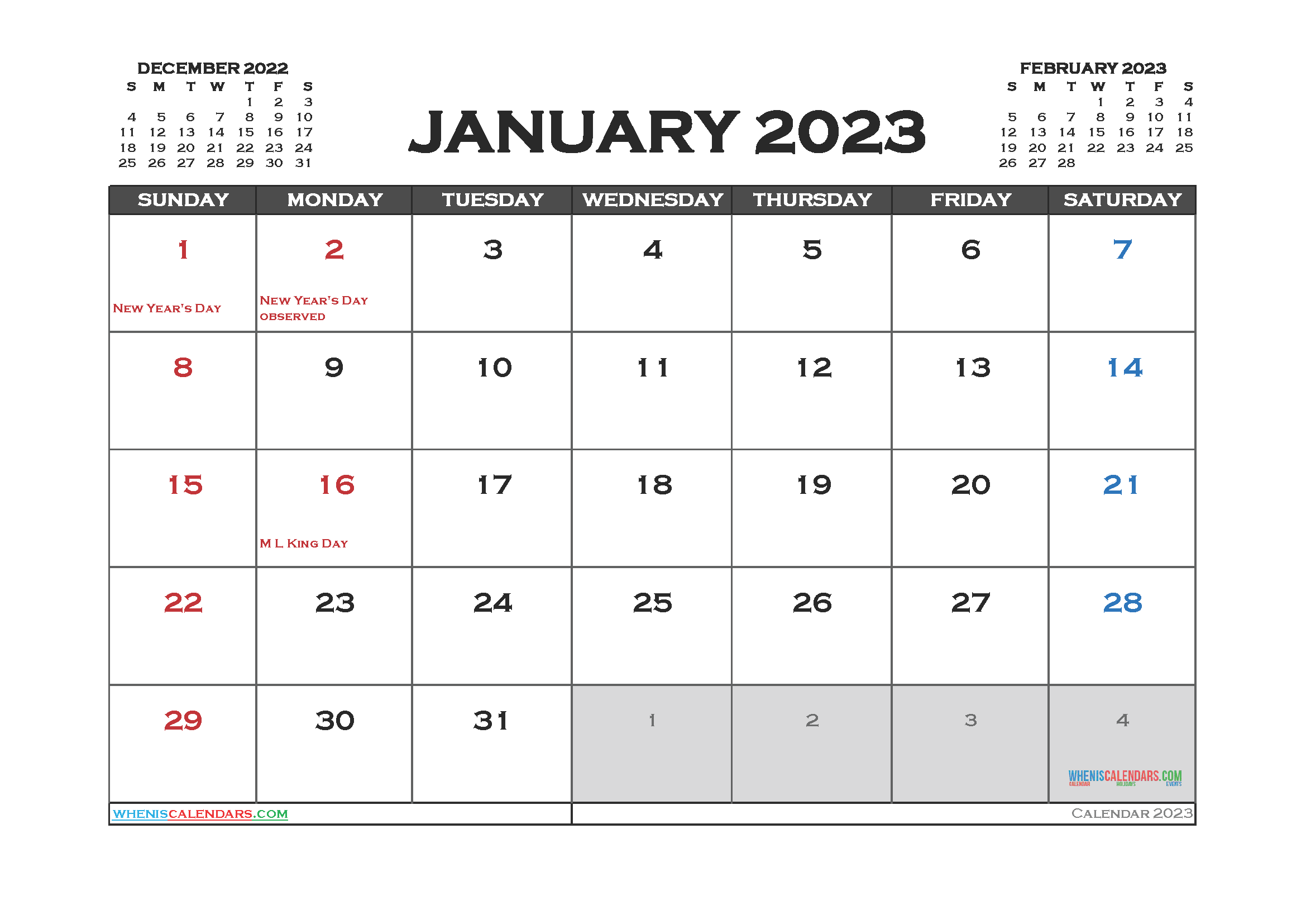 Printable January 2023 Calendar Free - 12 Templates