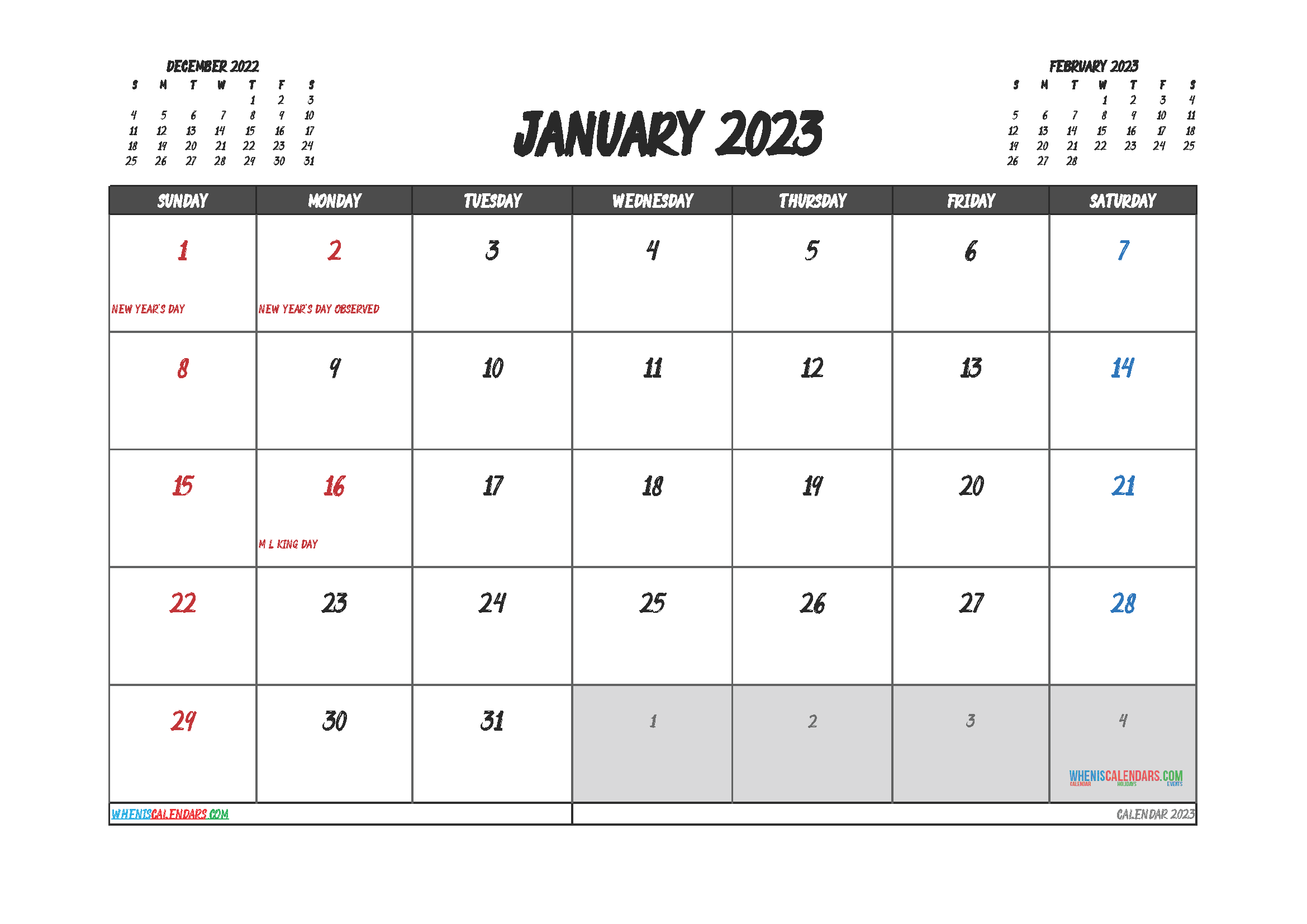 Free January 2023 Calendar Cute