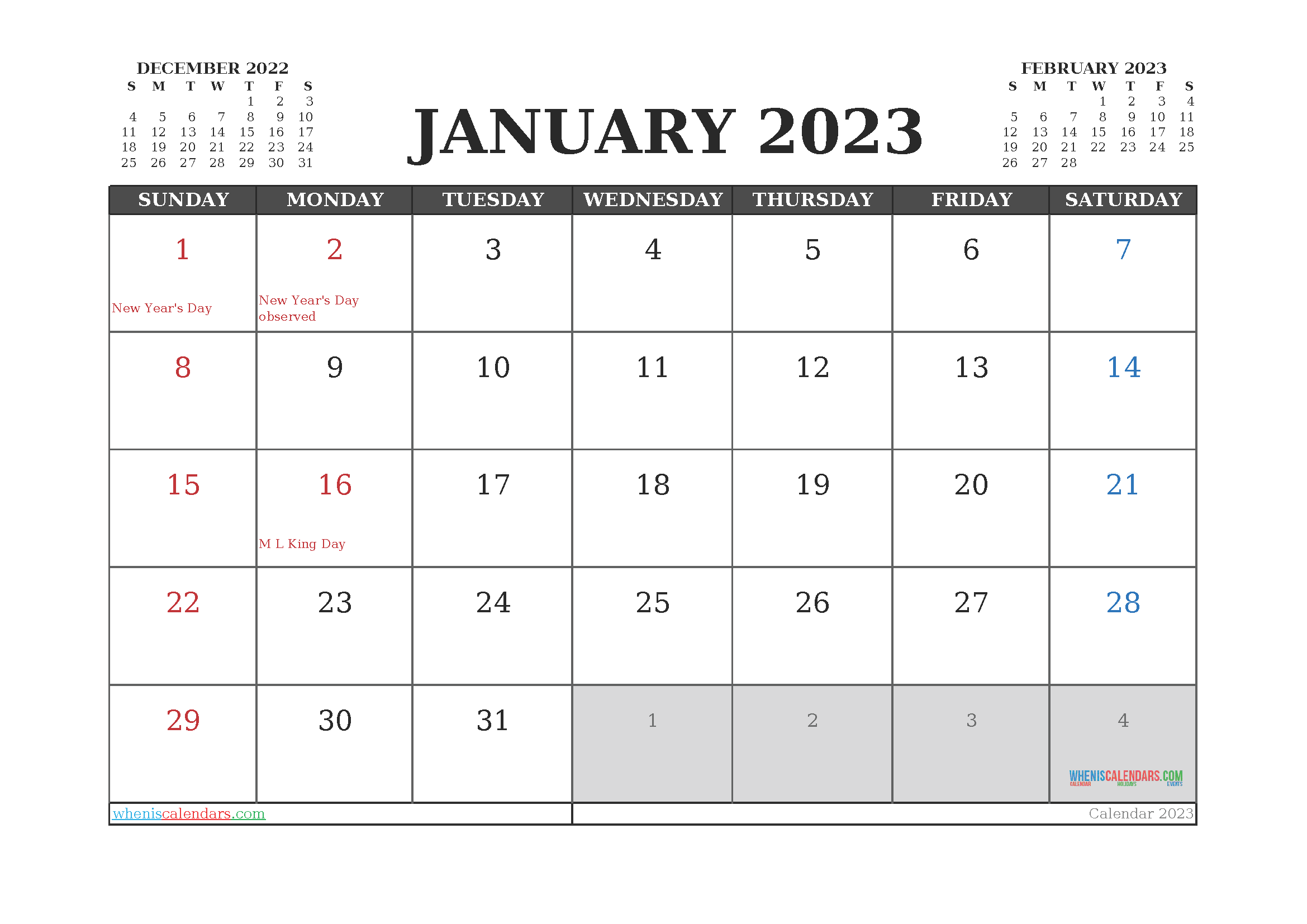 Printable Monthly Calendar January 2023 Free