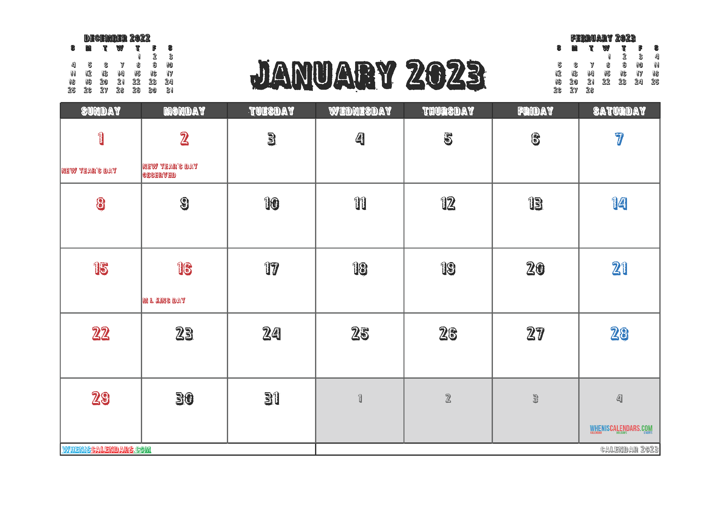 Free January 2023 Printable Calendar