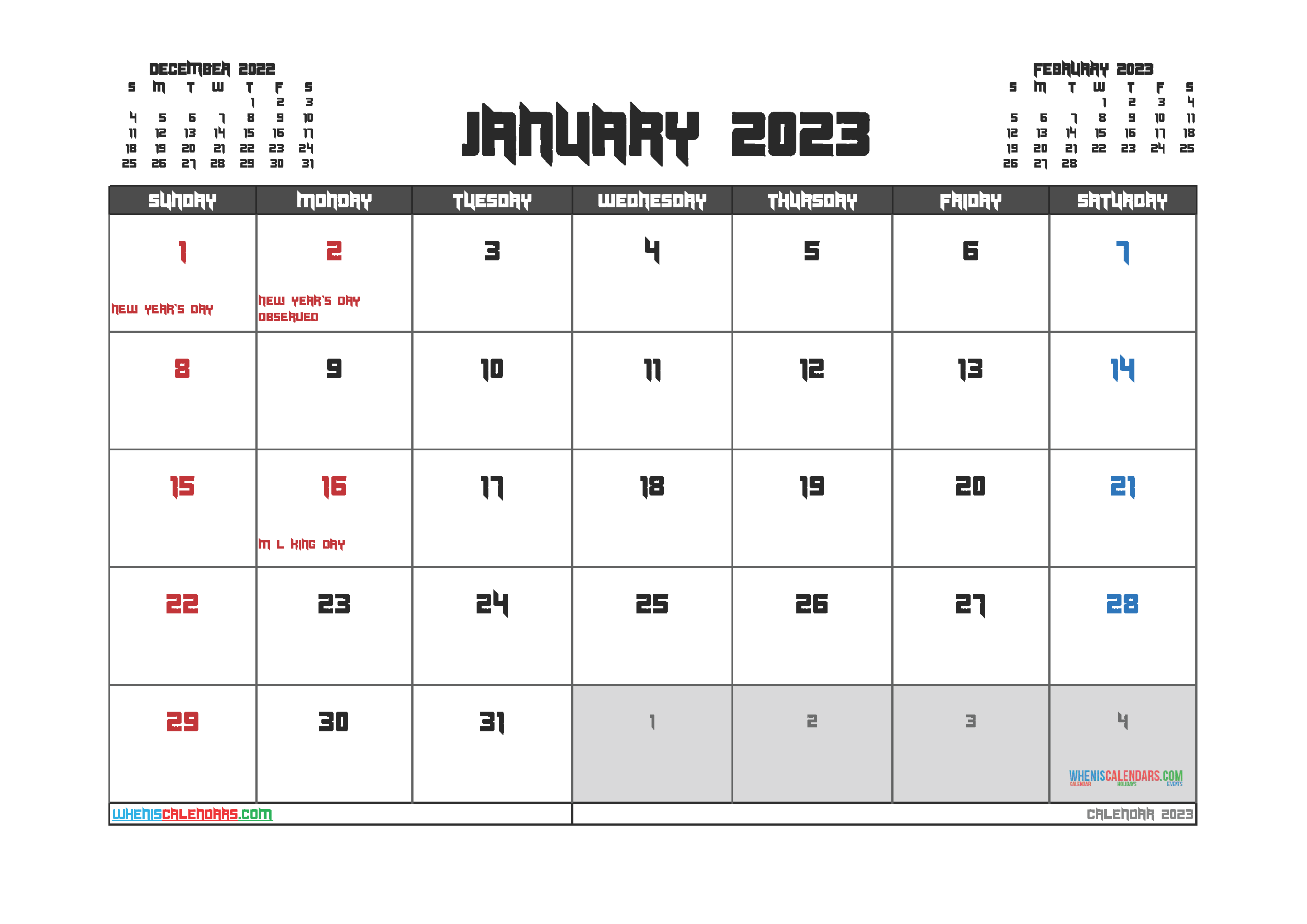 Free Printable January 2023 Calendar Pdf And Image