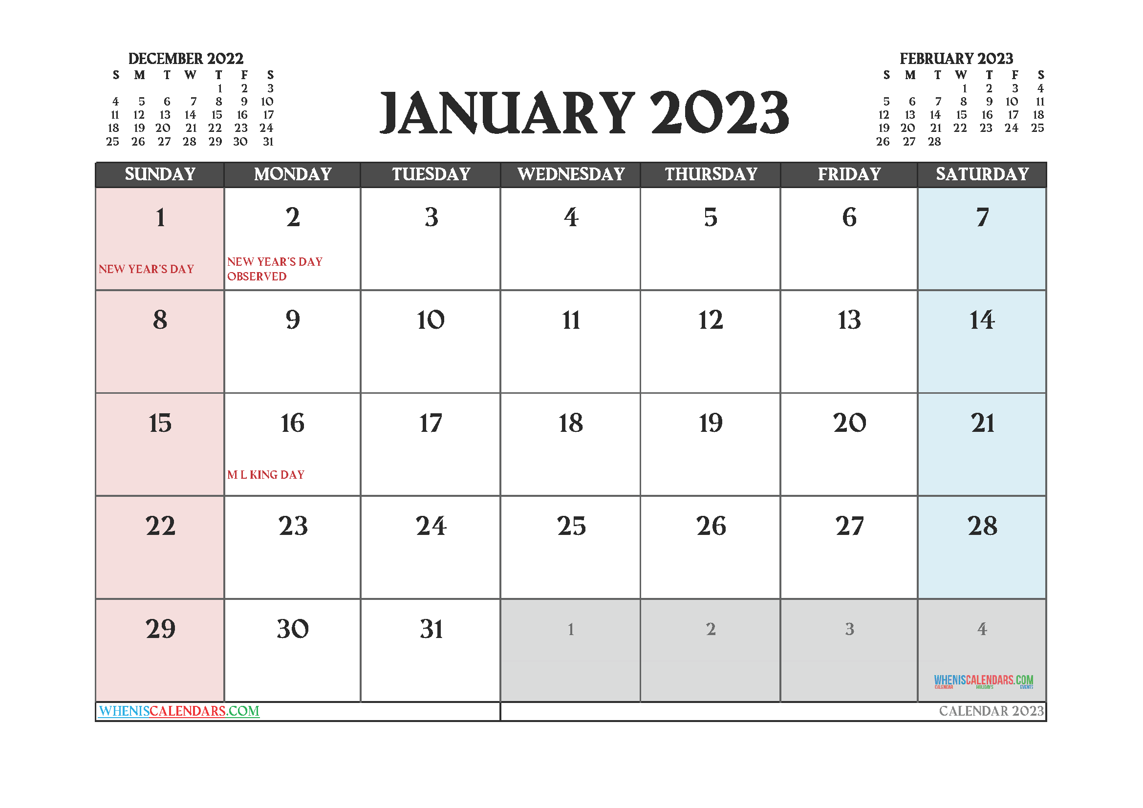 Free January 2023 Printable Calendar PDF