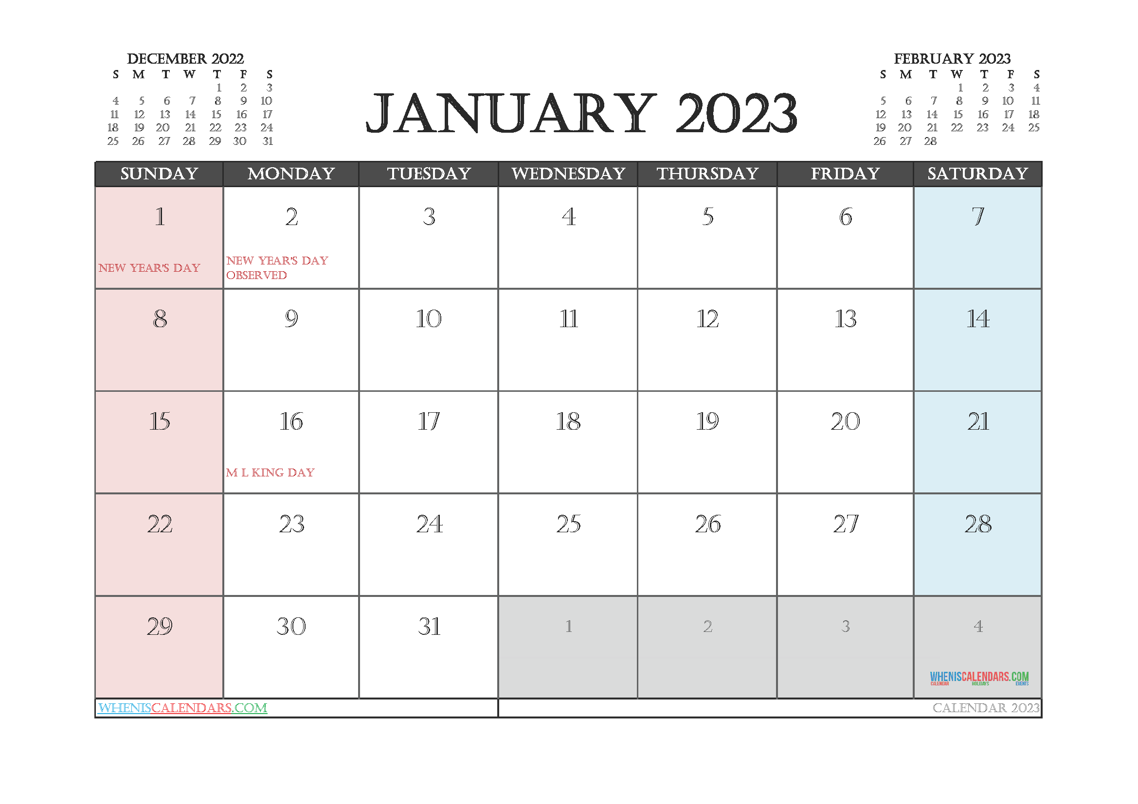 Editable January 2023 Calendar Printable