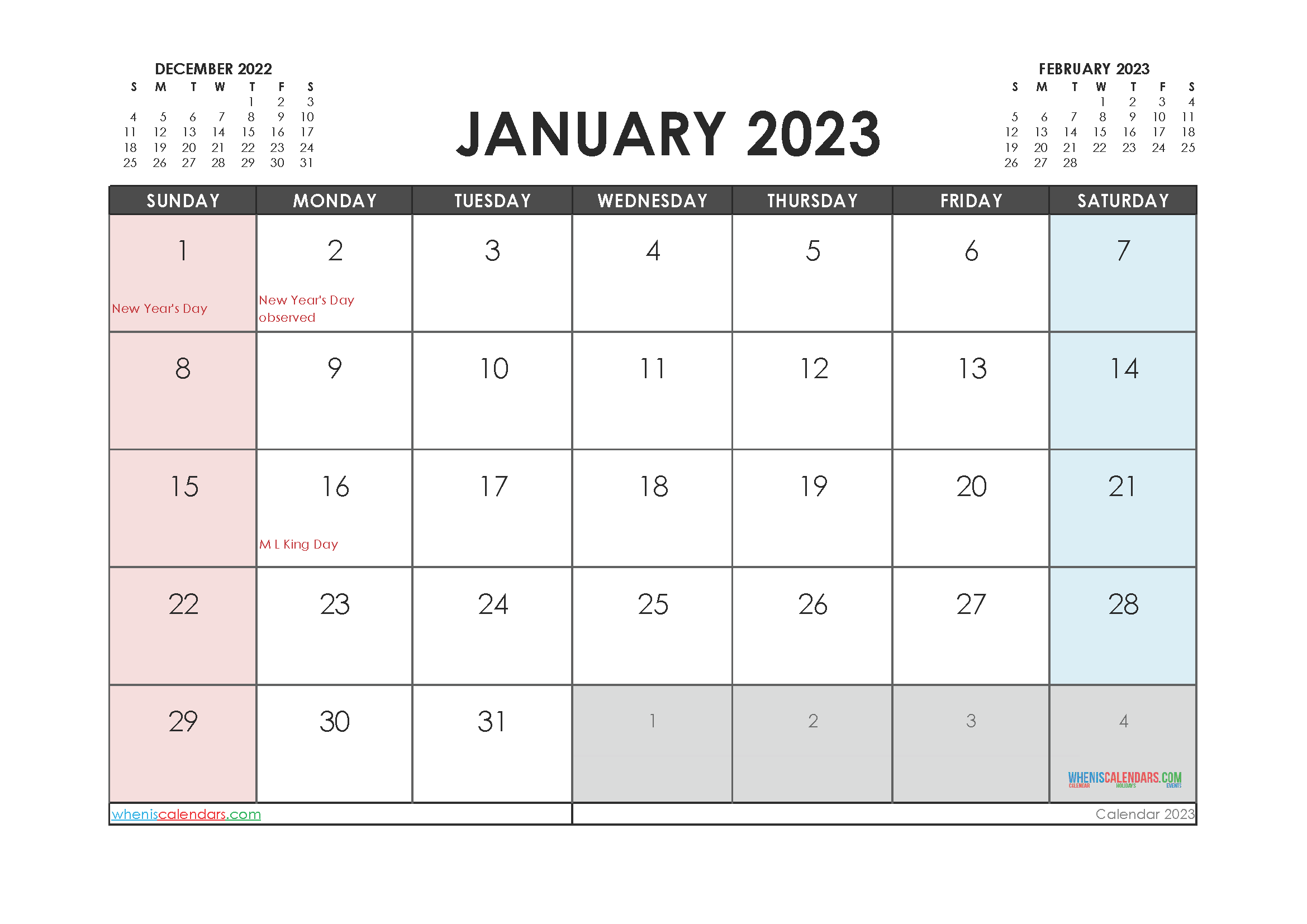 Free Editable Calendar January 2023 PDF