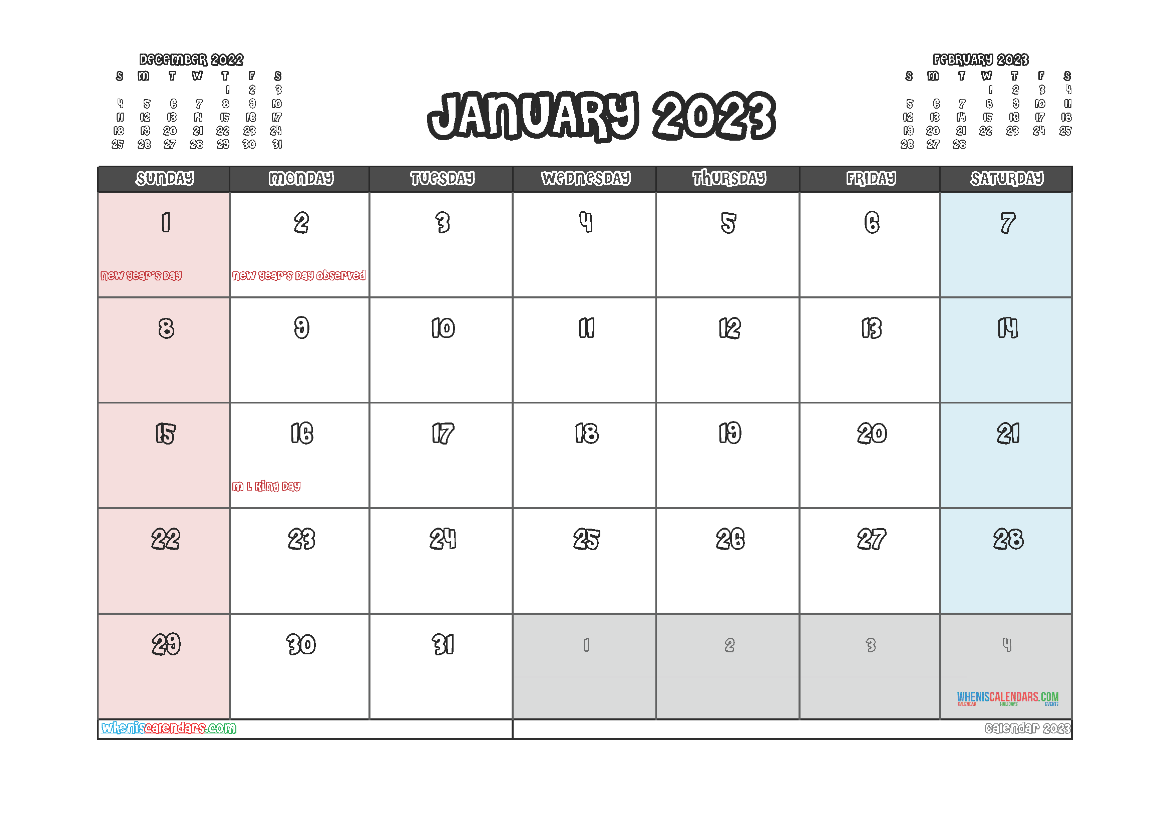 Free January Blank Calendar 2023