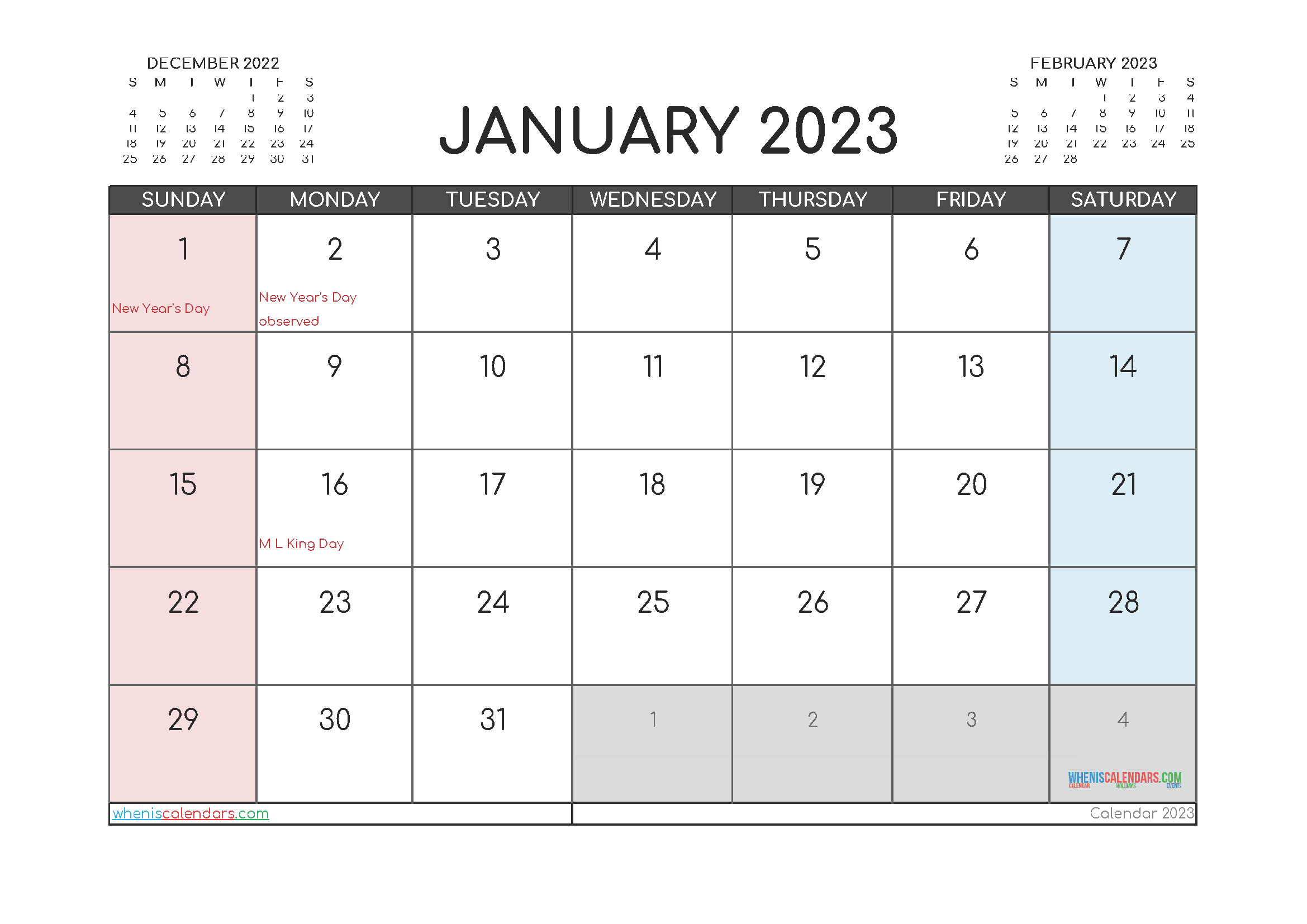 January 2023 Calendar Printable Free