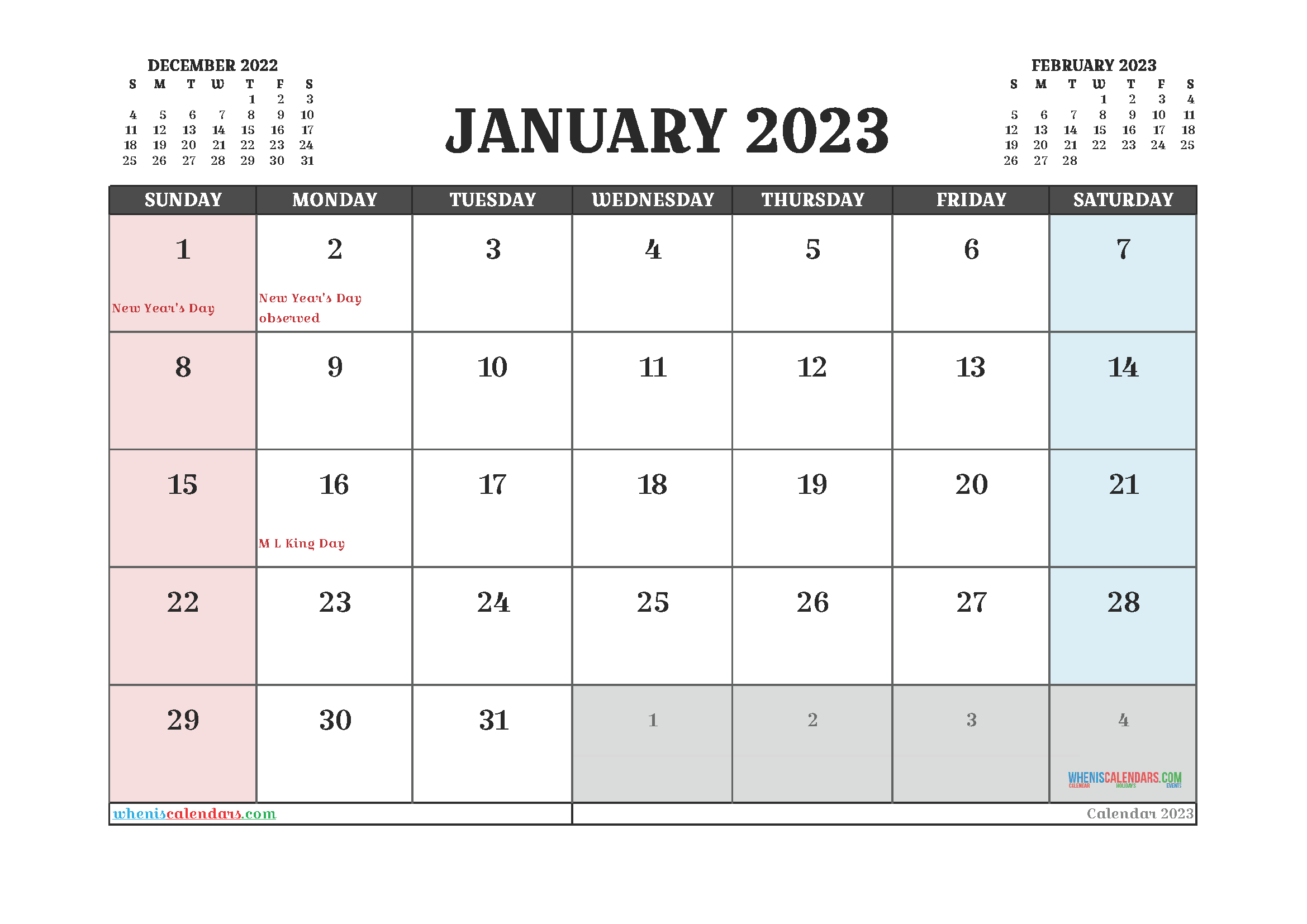 Calendar January 2023 with Holidays