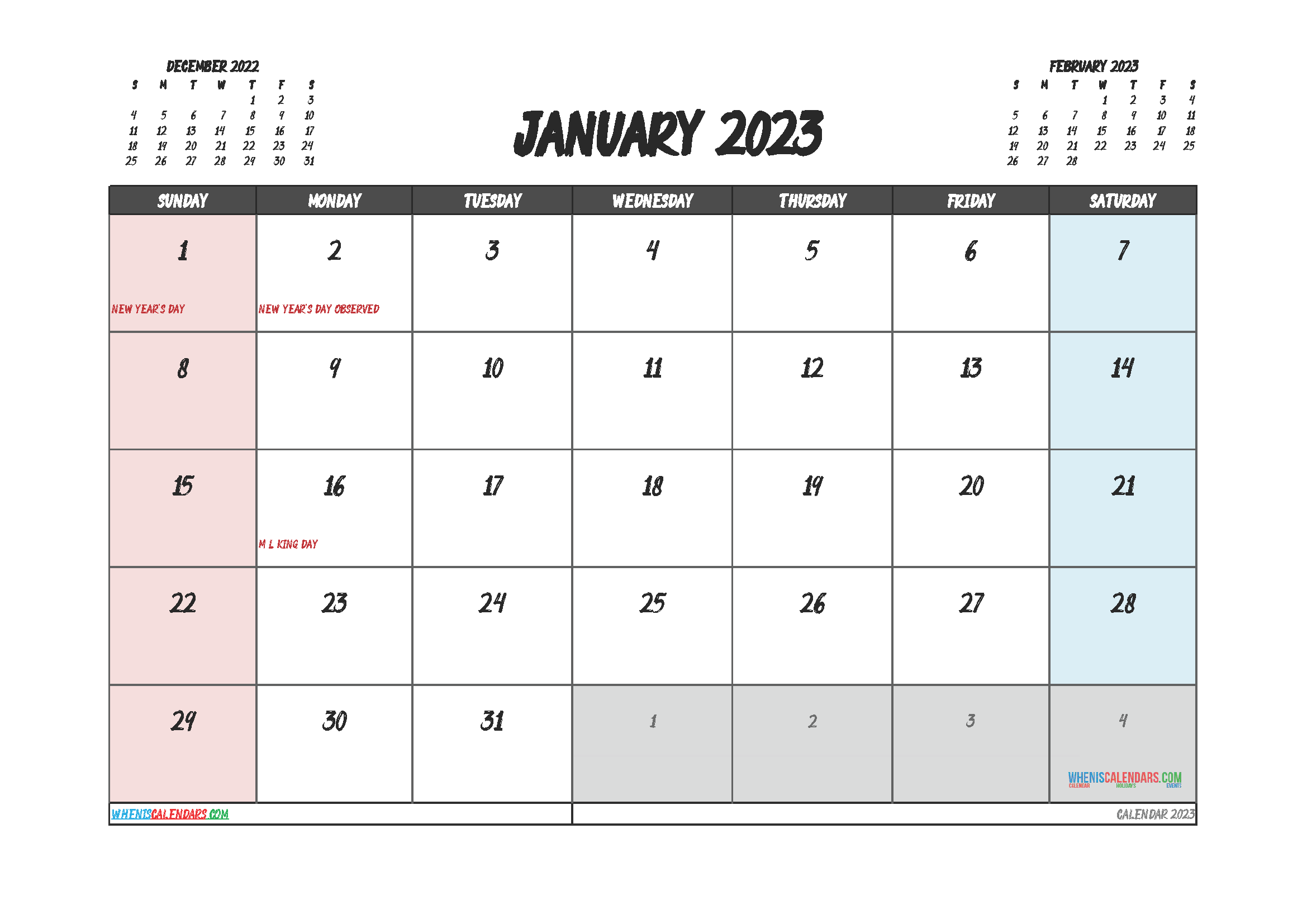 Printable Calendar January 2023 Free