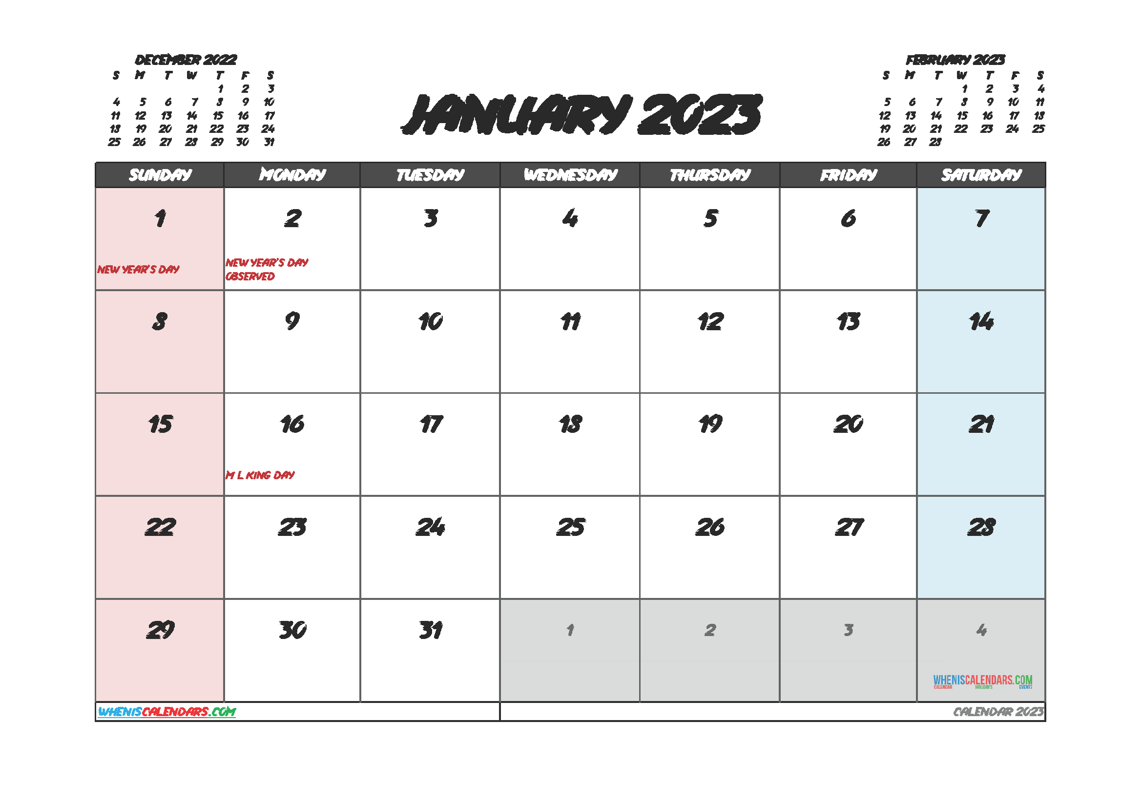 Free January 2023 Printable Calendar PDF