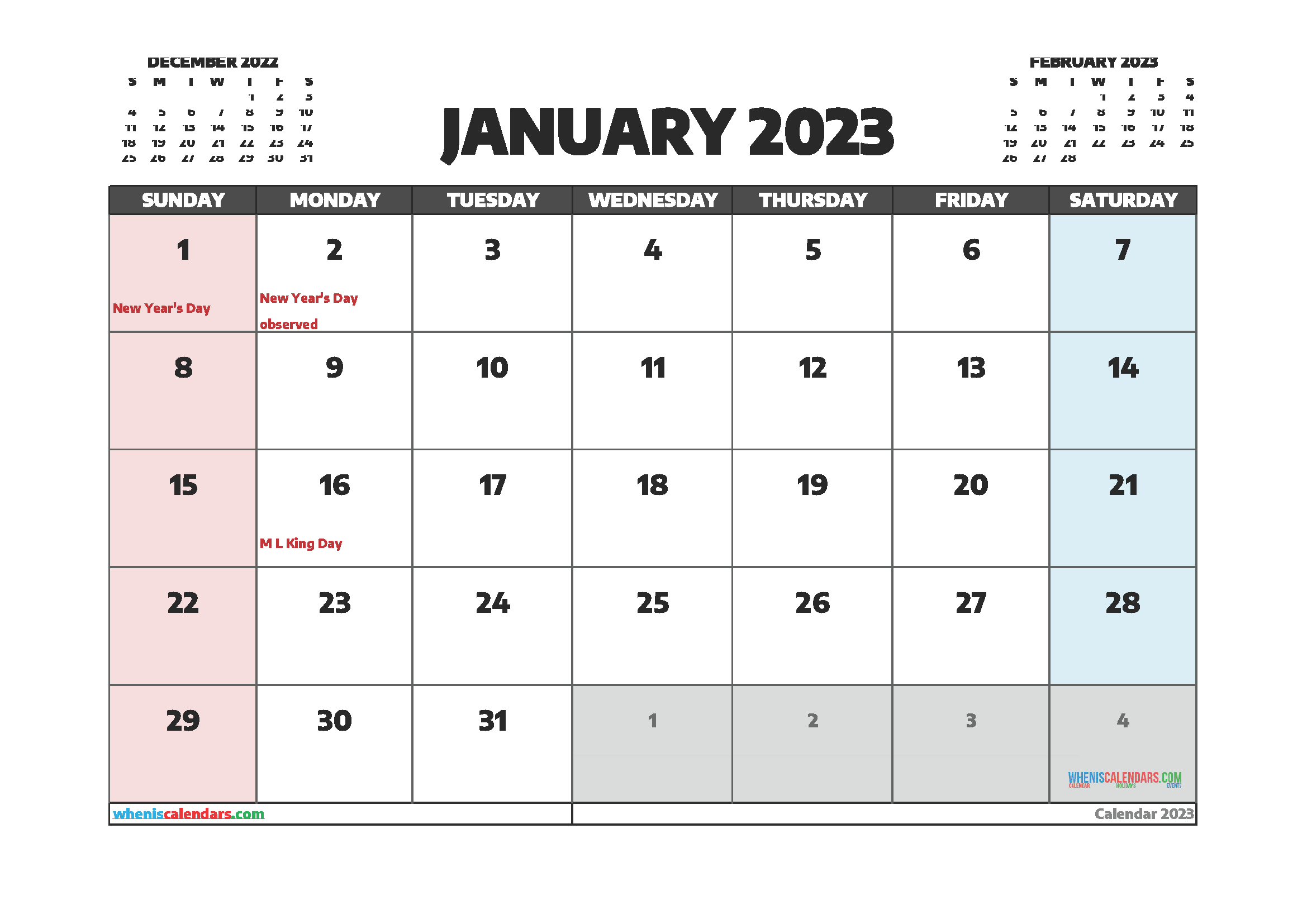 January 2023 Calendar With Holidays Pdf And Image