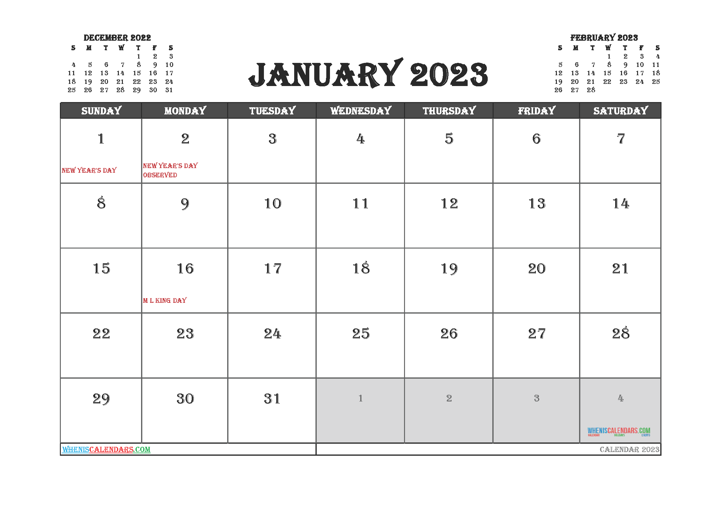 Free Printable January Calendar 2023