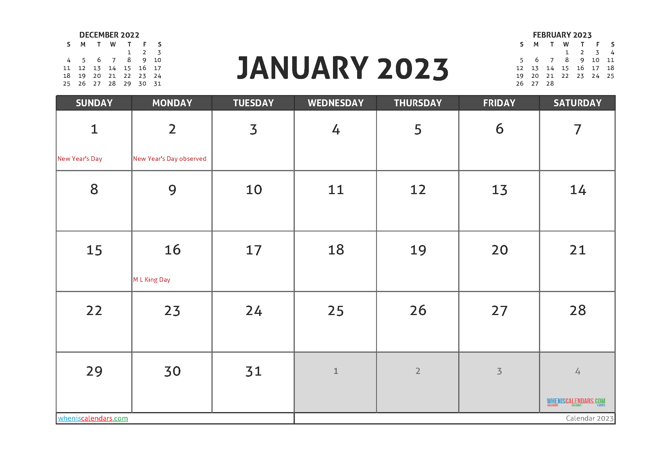 free january 2023 printable calendar 3 month template
