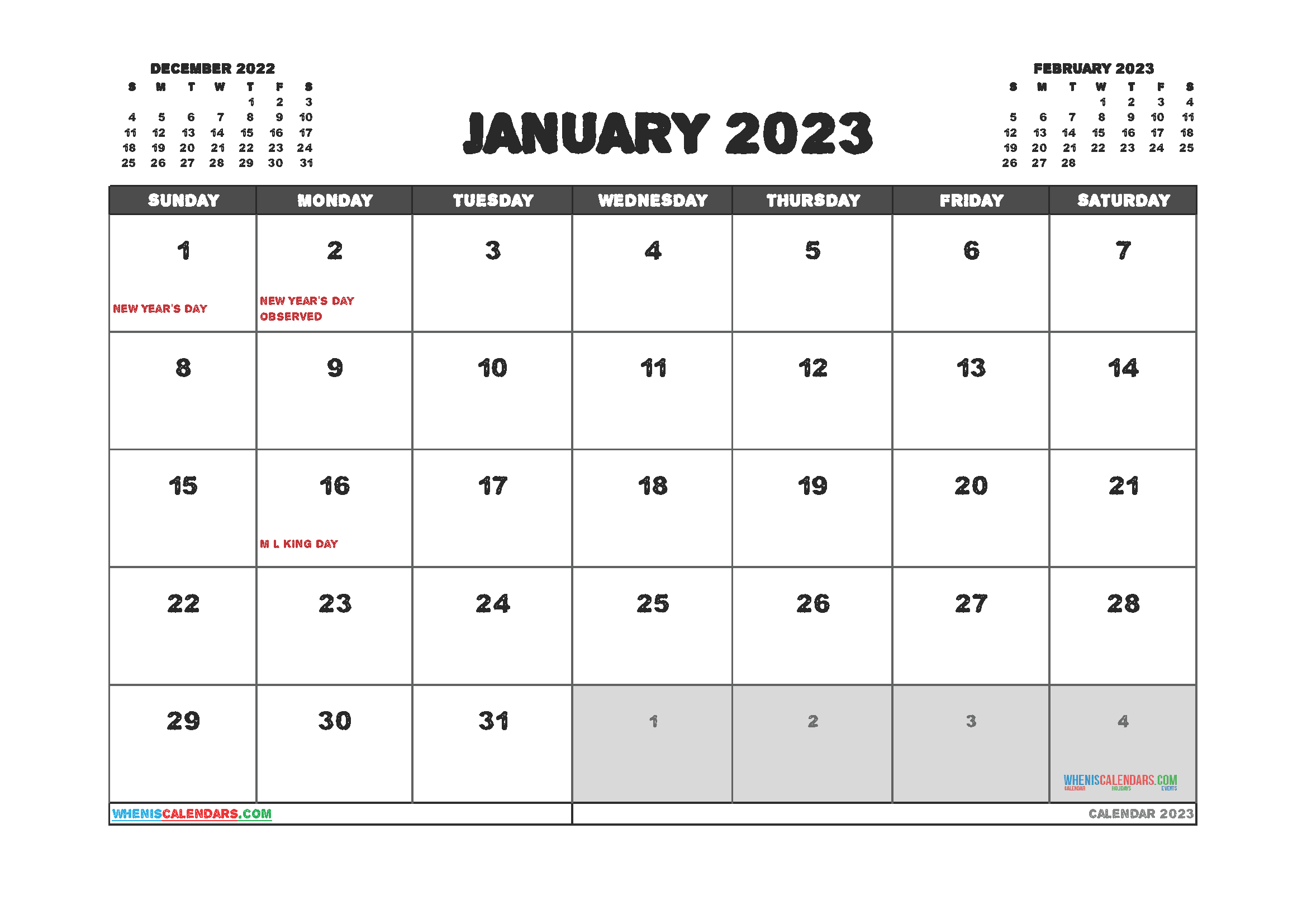 Free Printable Calendar January 2023