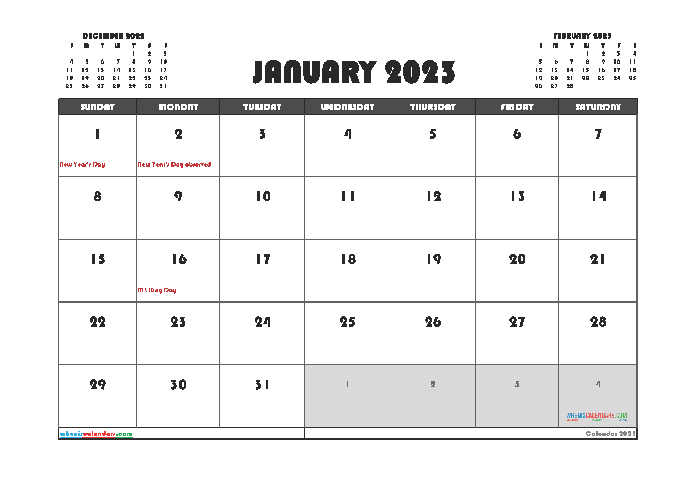 Free Editable January 2023 Printable Calendar