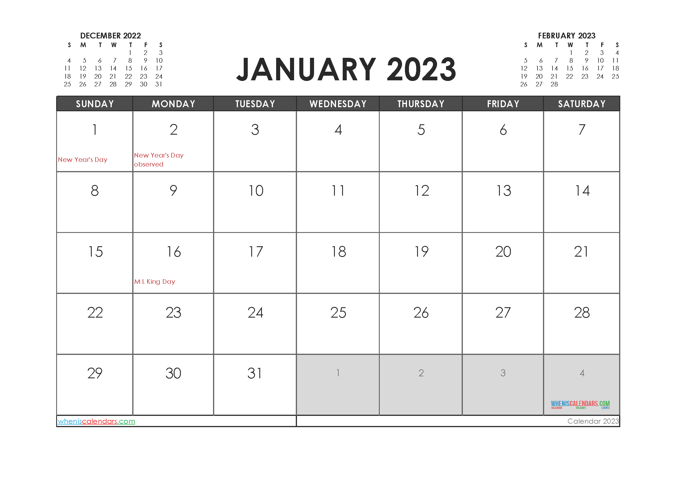 Free January Calendar 2023 With Holidays Printable PDF In Landscape