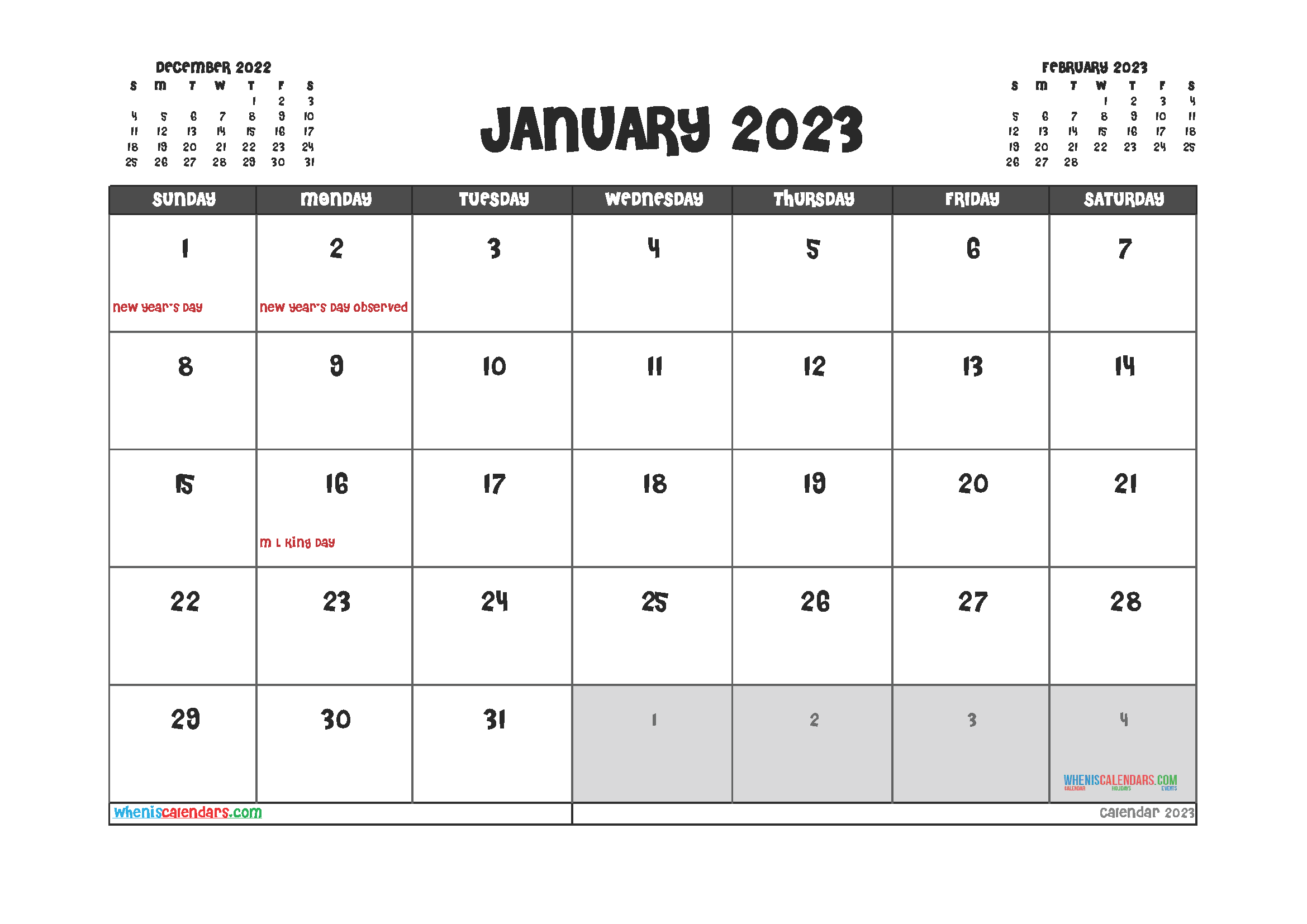 Printable January 2023 Calendar Free