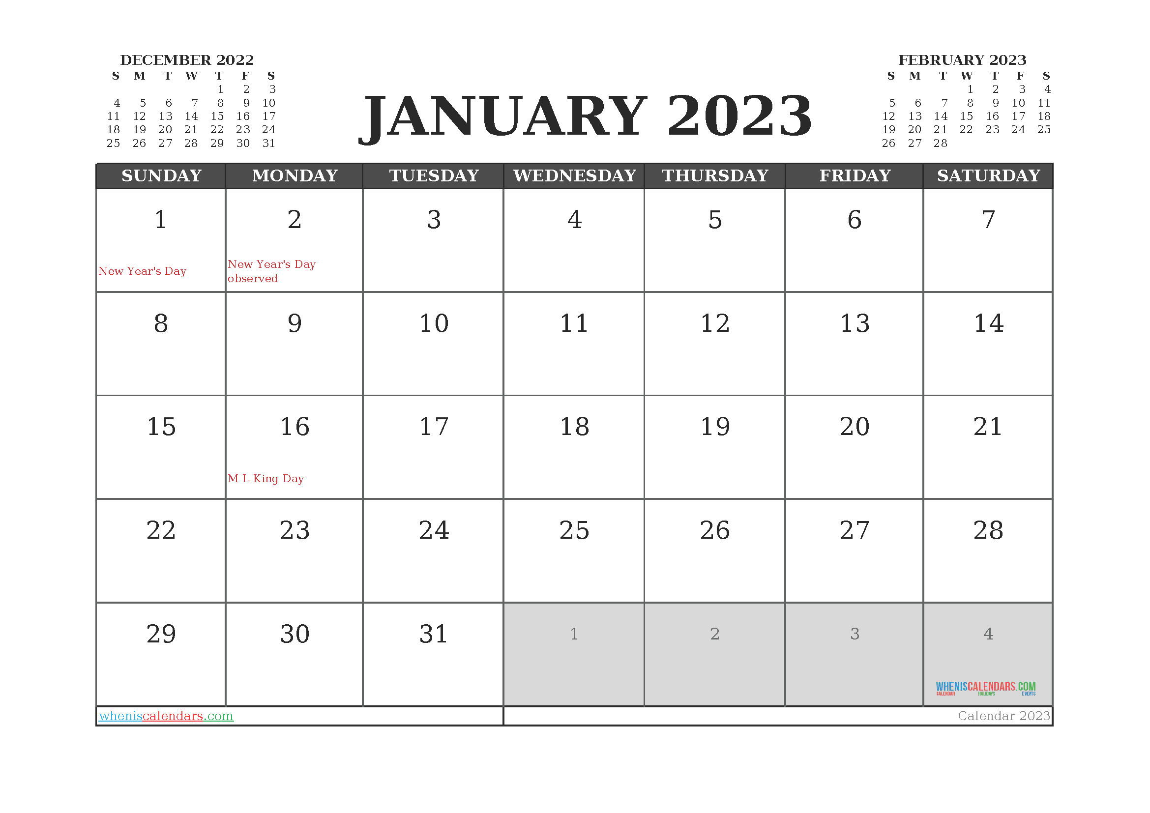 January 2023 Calendar Printable For Free