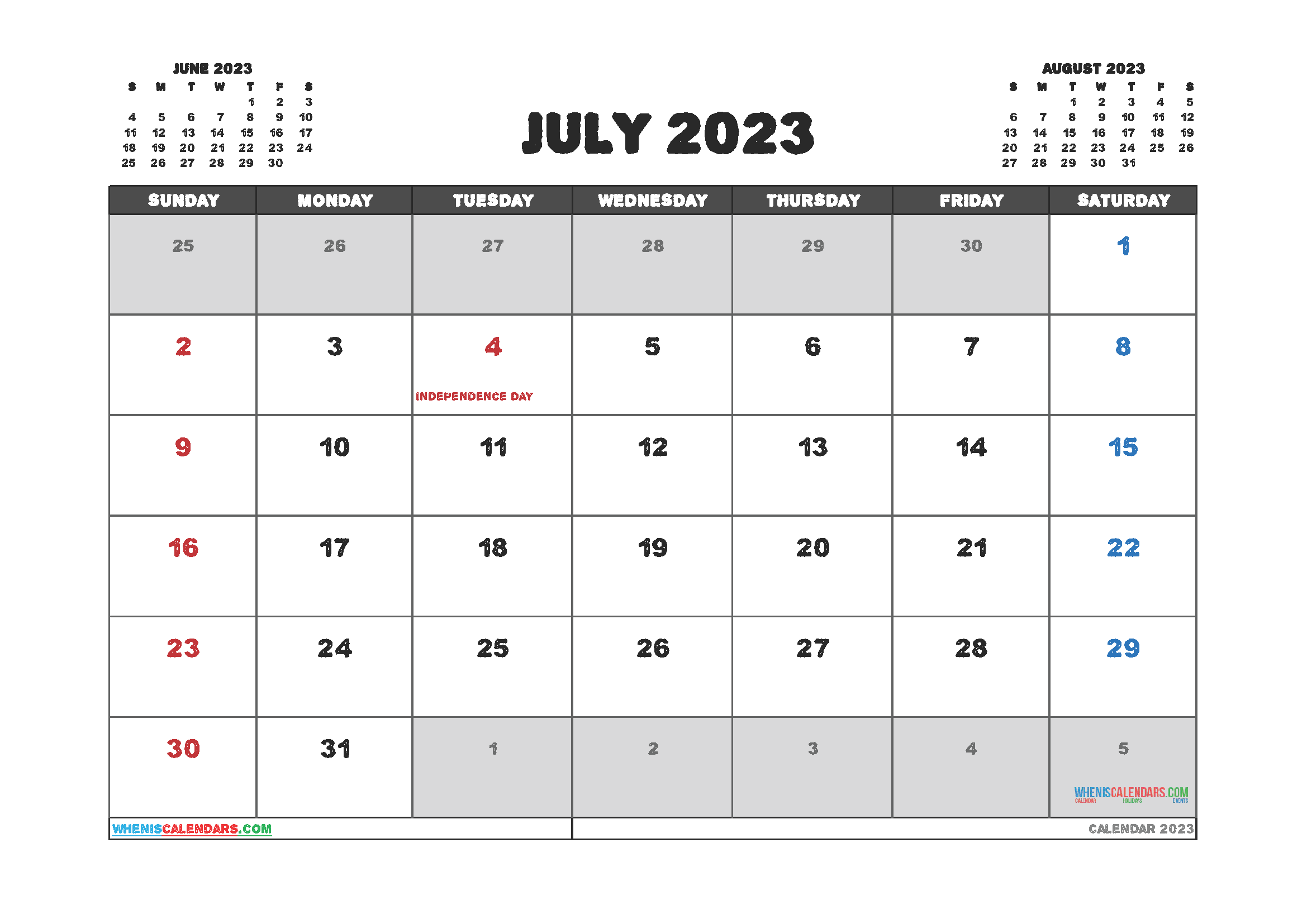 Free Editable Calendar July 2023 PDF