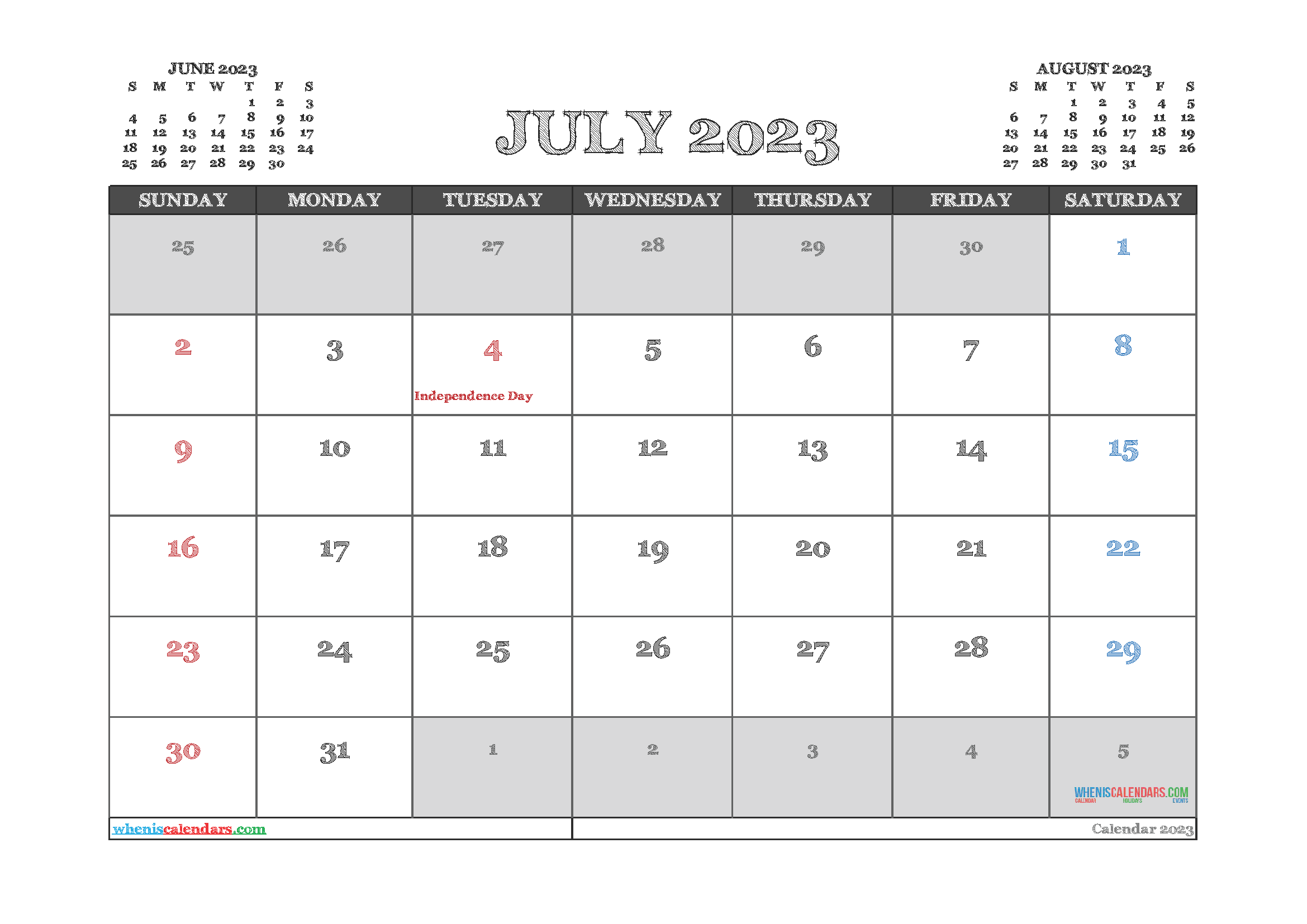 Free Printable July Calendar 2023