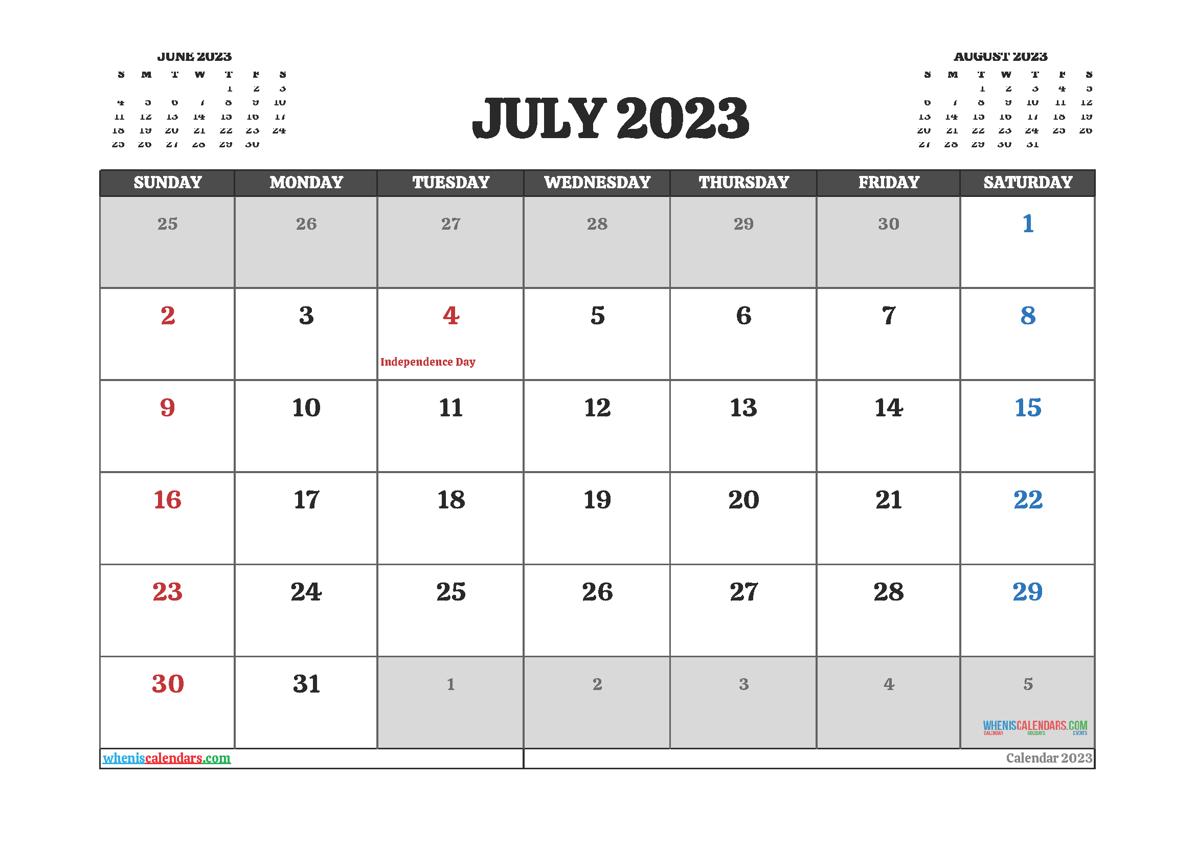 July 2023 Free Calendar Printable