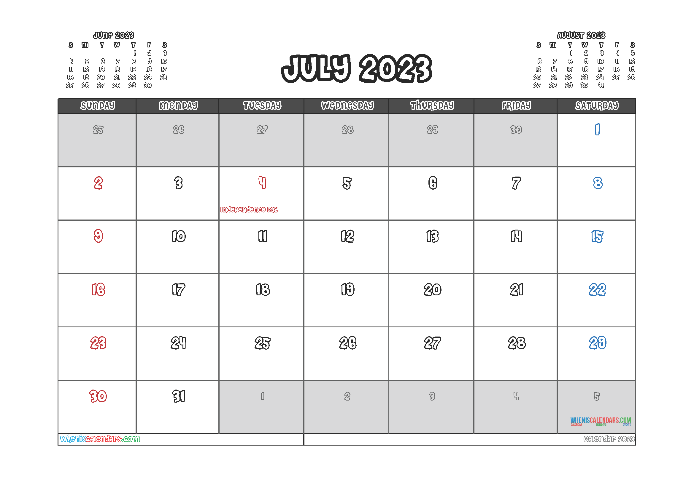 Calendar July 2023 with Holidays